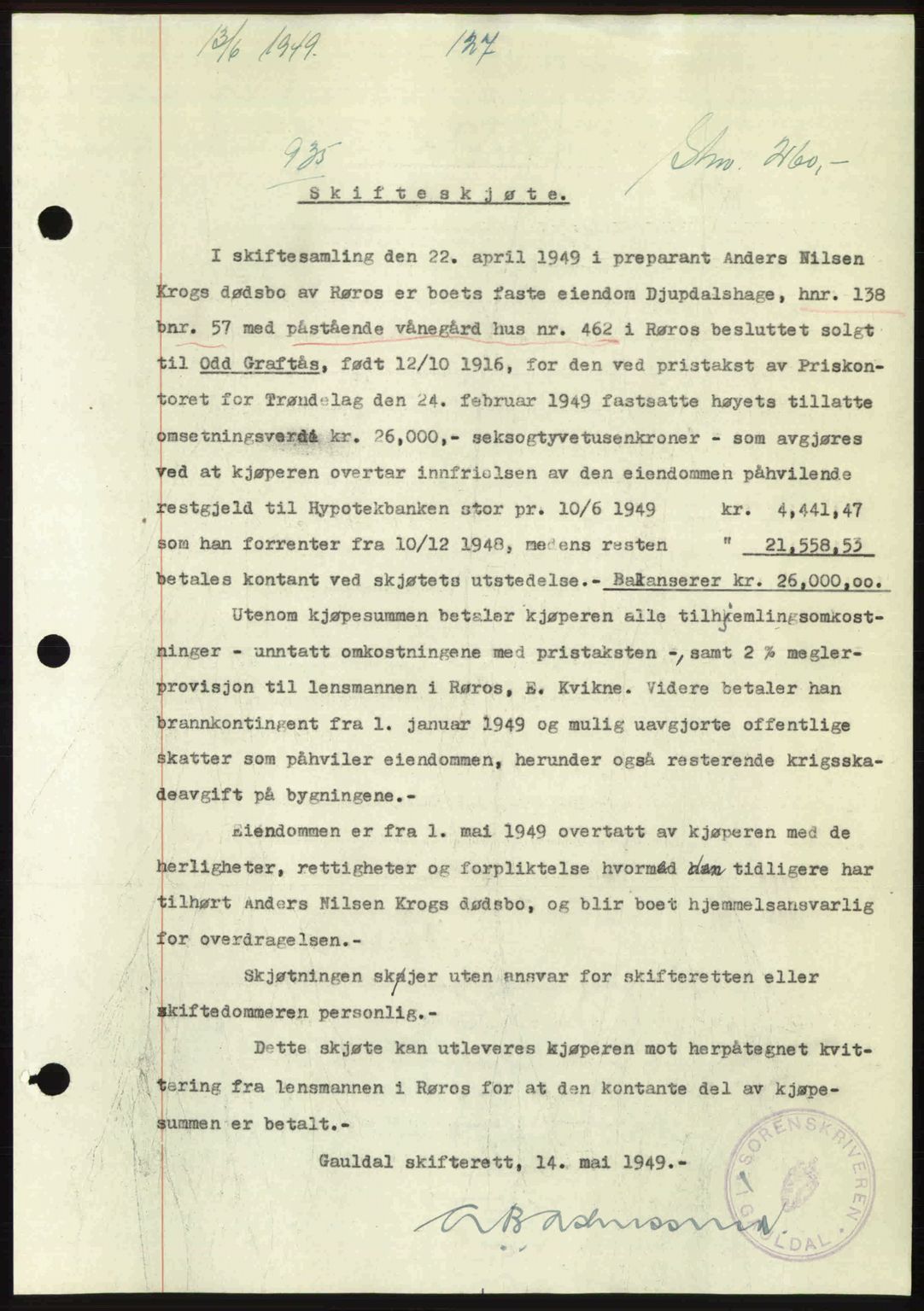 Gauldal sorenskriveri, SAT/A-0014/1/2/2C: Pantebok nr. A8, 1949-1949, Dagboknr: 935/1949