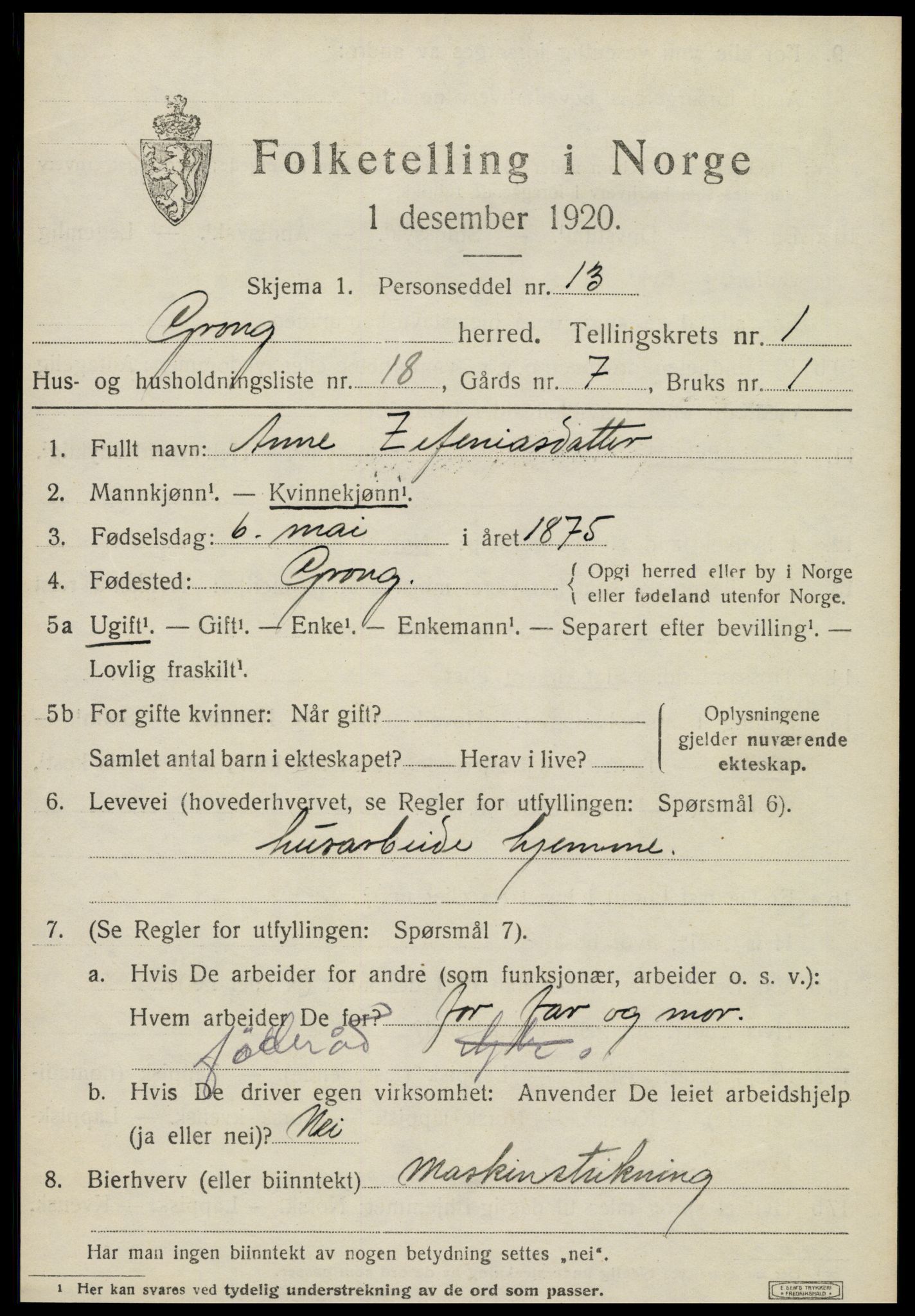 SAT, Folketelling 1920 for 1742 Grong herred, 1920, s. 1271