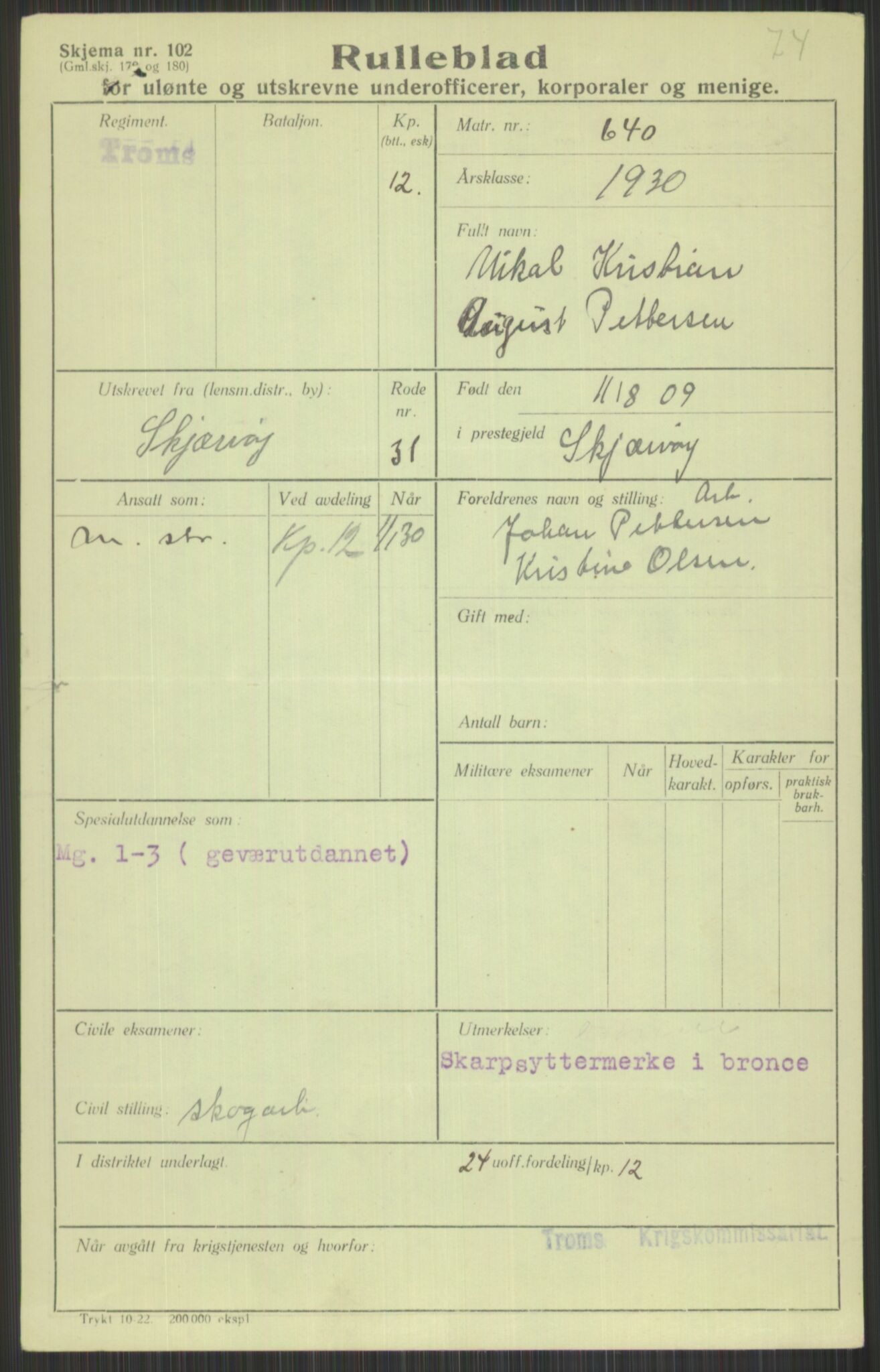Forsvaret, Troms infanteriregiment nr. 16, AV/RA-RAFA-3146/P/Pa/L0014: Rulleblad for regimentets menige mannskaper, årsklasse 1930, 1930, s. 891
