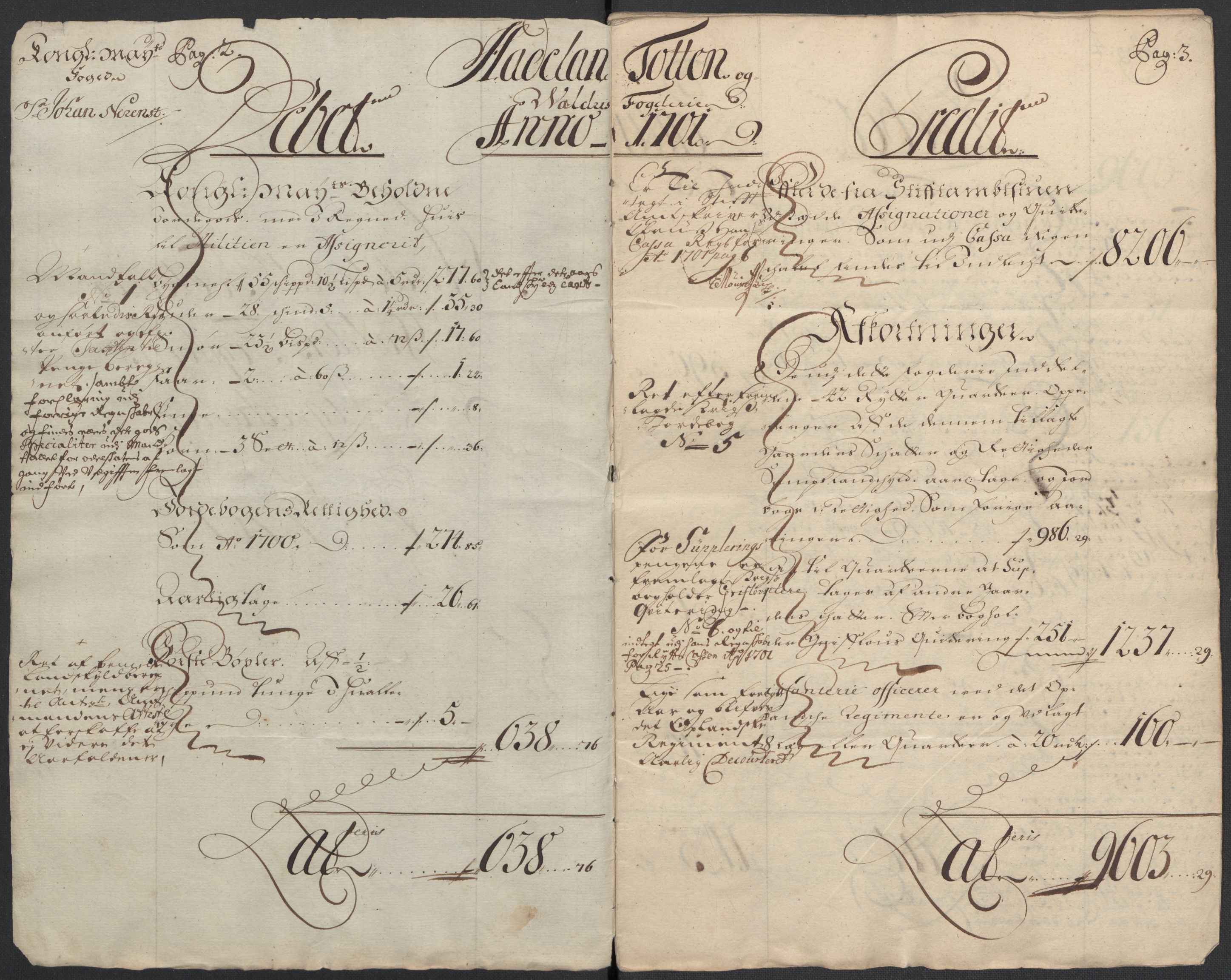Rentekammeret inntil 1814, Reviderte regnskaper, Fogderegnskap, RA/EA-4092/R18/L1299: Fogderegnskap Hadeland, Toten og Valdres, 1701, s. 4