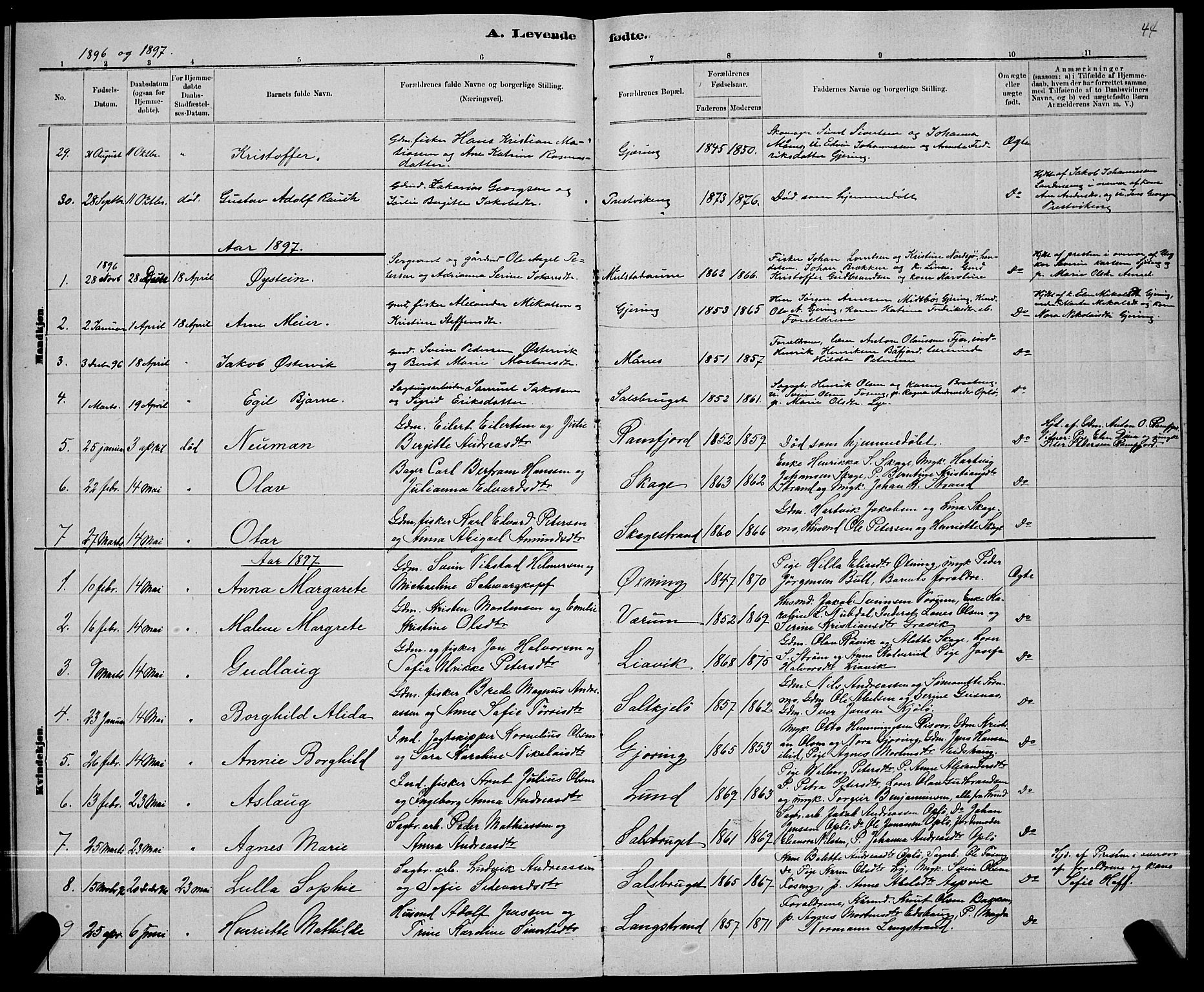 Ministerialprotokoller, klokkerbøker og fødselsregistre - Nord-Trøndelag, SAT/A-1458/780/L0651: Klokkerbok nr. 780C03, 1884-1898, s. 44