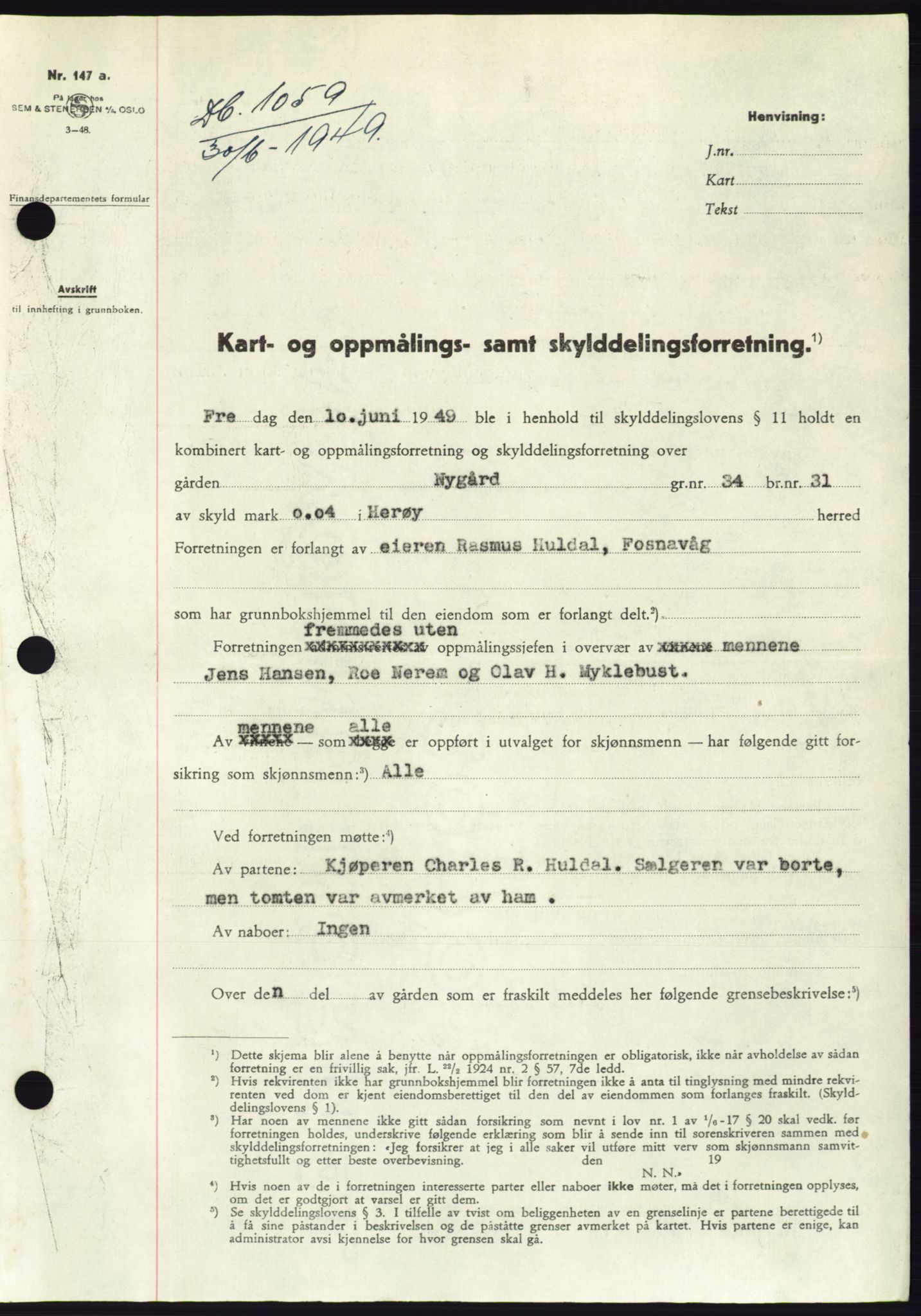 Søre Sunnmøre sorenskriveri, SAT/A-4122/1/2/2C/L0084: Pantebok nr. 10A, 1949-1949, Dagboknr: 1059/1949