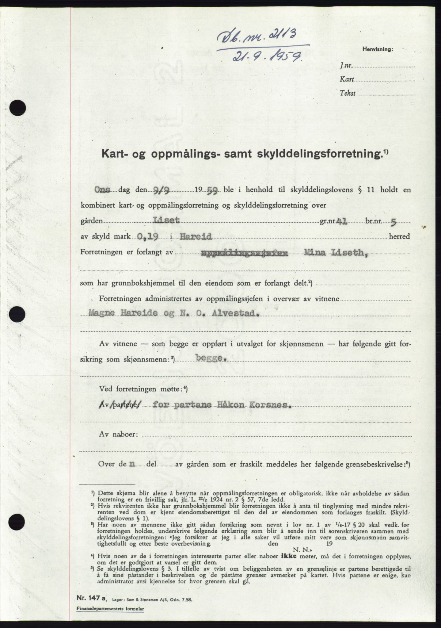 Søre Sunnmøre sorenskriveri, SAT/A-4122/1/2/2C/L0113: Pantebok nr. 39A, 1959-1959, Dagboknr: 2113/1959
