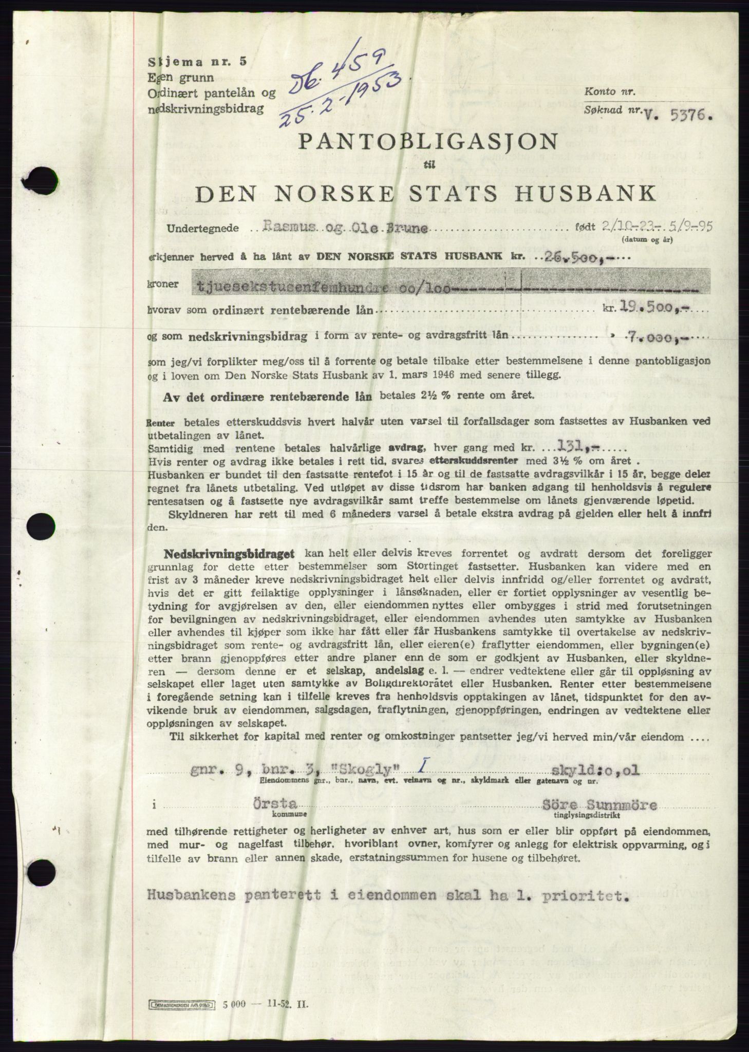 Søre Sunnmøre sorenskriveri, SAT/A-4122/1/2/2C/L0123: Pantebok nr. 11B, 1953-1953, Dagboknr: 459/1953
