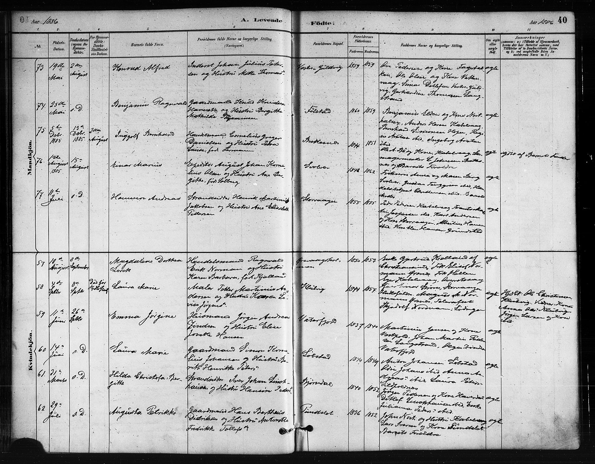 Ministerialprotokoller, klokkerbøker og fødselsregistre - Nordland, SAT/A-1459/874/L1059: Ministerialbok nr. 874A03, 1884-1890, s. 40