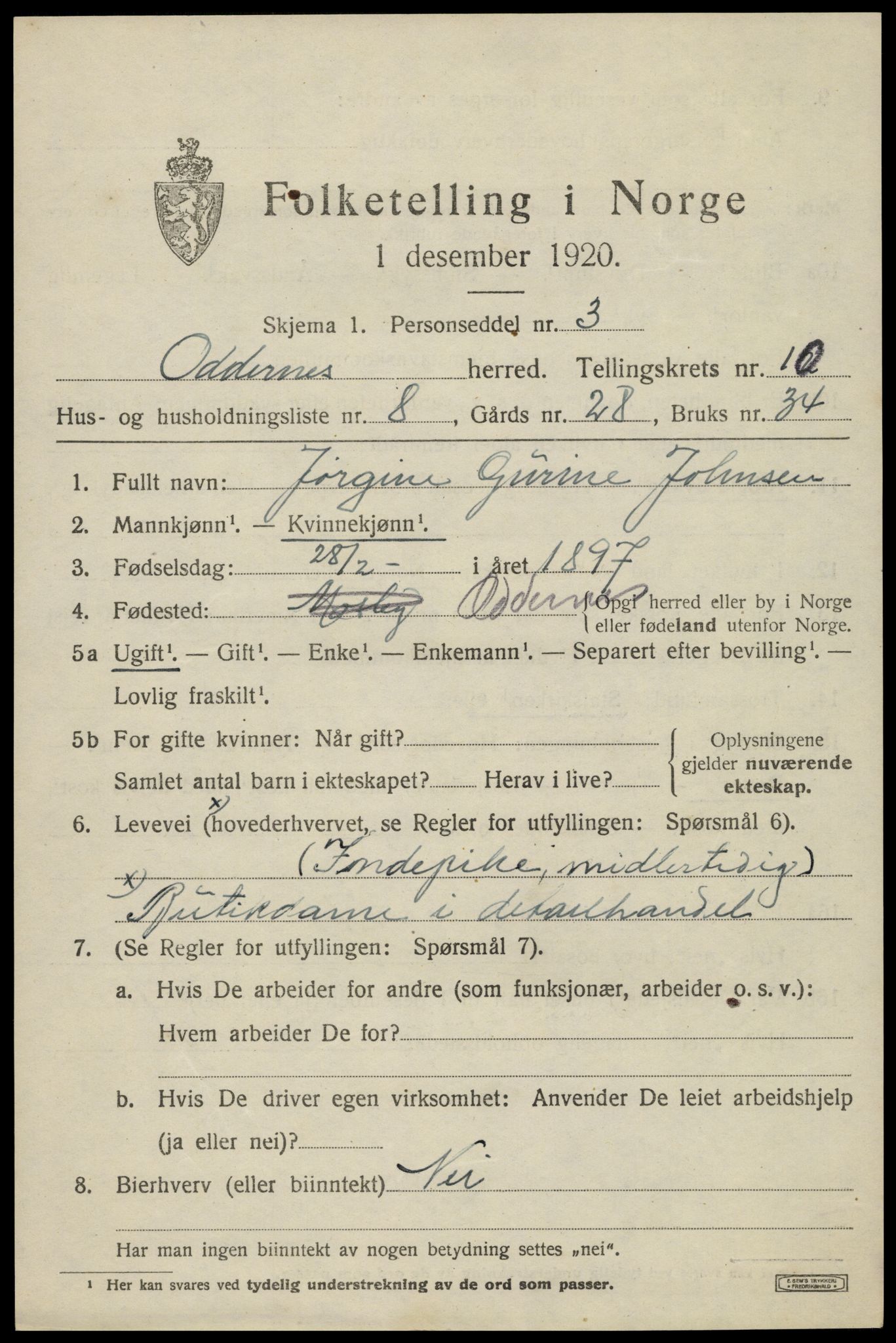 SAK, Folketelling 1920 for 1012 Oddernes herred, 1920, s. 6449