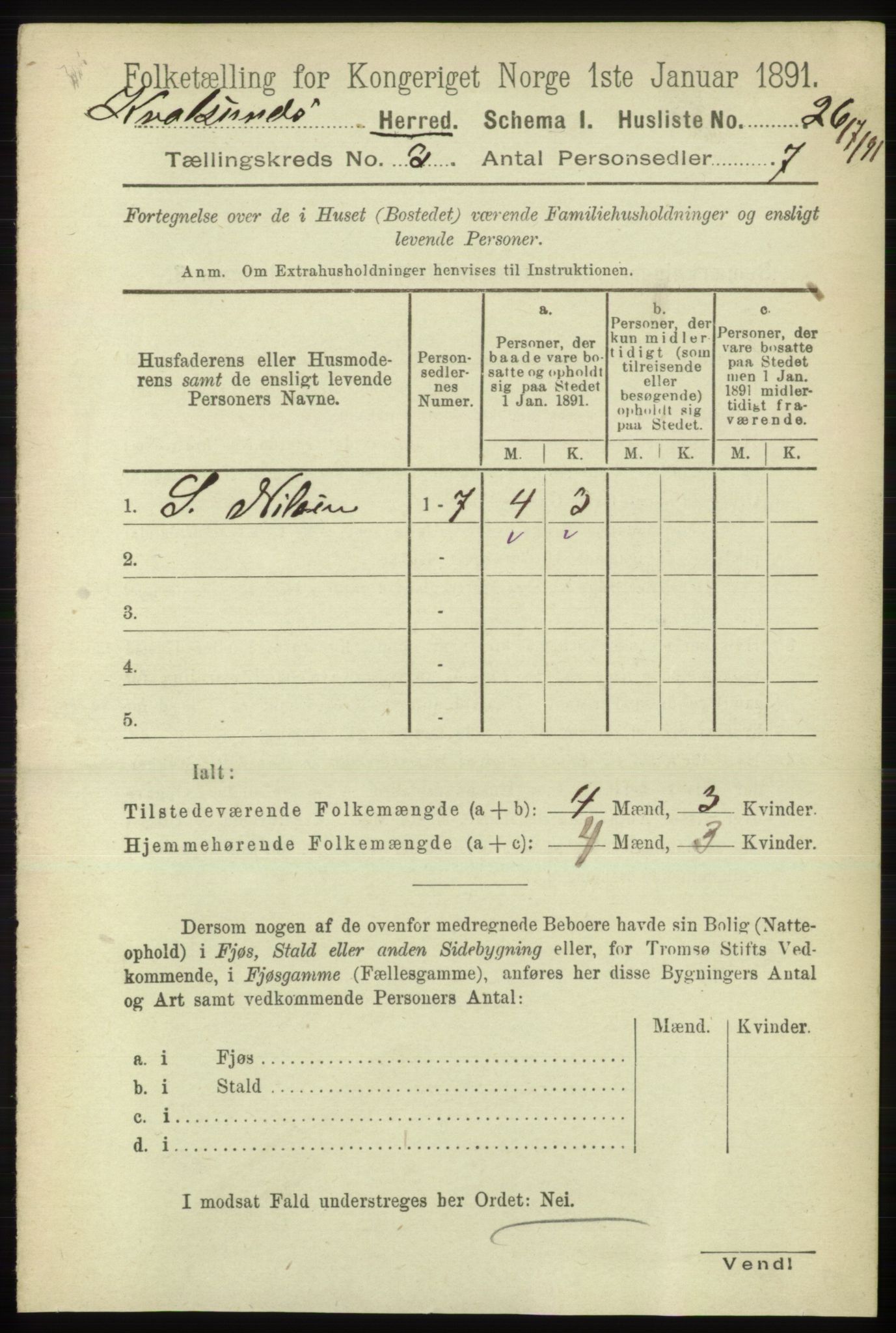 RA, Folketelling 1891 for 2017 Kvalsund herred, 1891, s. 27