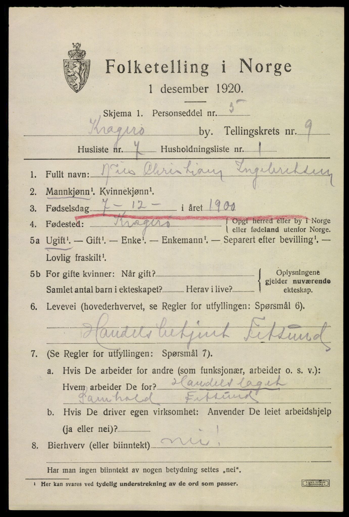 SAKO, Folketelling 1920 for 0801 Kragerø kjøpstad, 1920, s. 12023