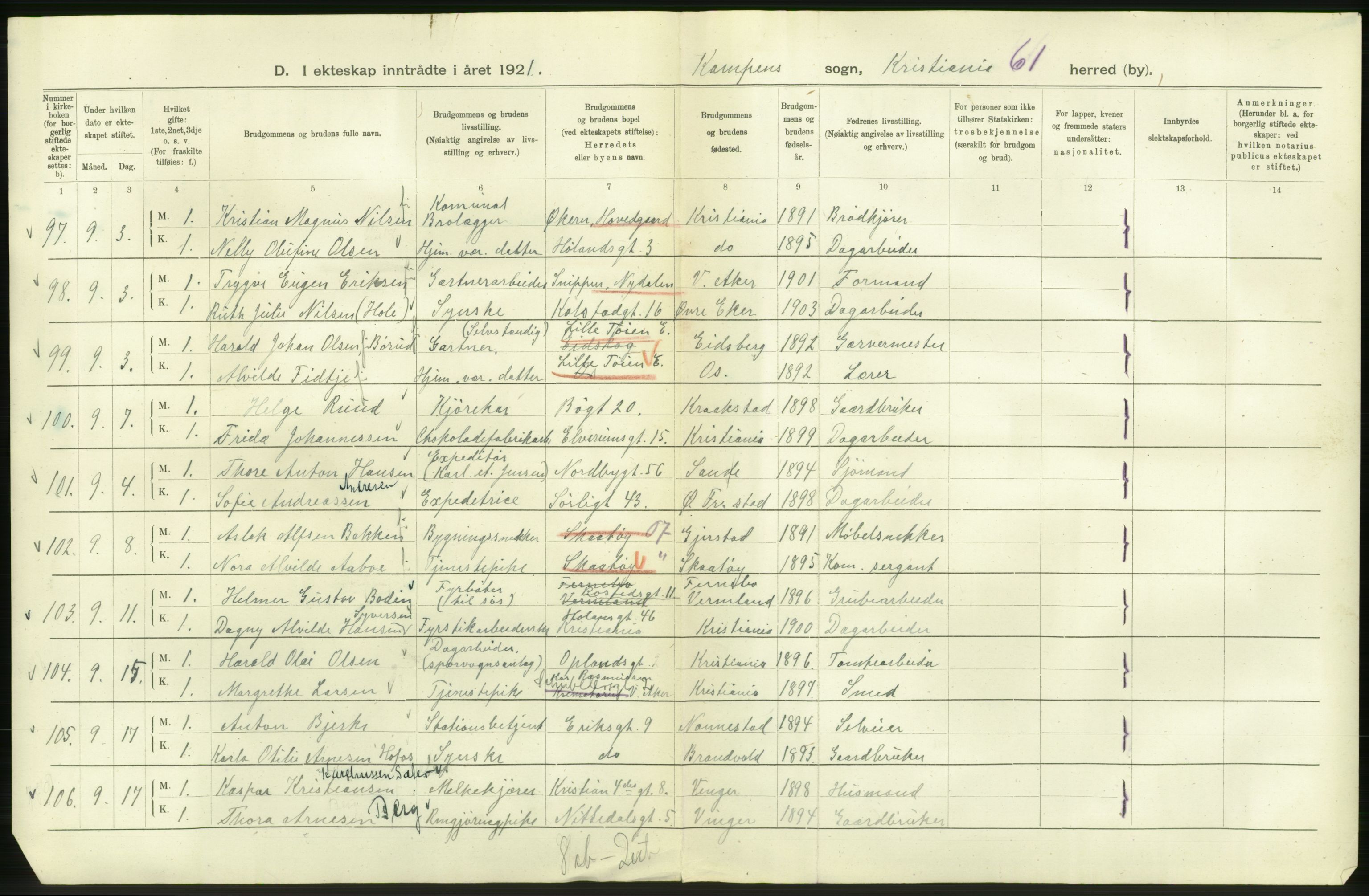 Statistisk sentralbyrå, Sosiodemografiske emner, Befolkning, AV/RA-S-2228/D/Df/Dfc/Dfca/L0011: Kristiania: Gifte, 1921, s. 776