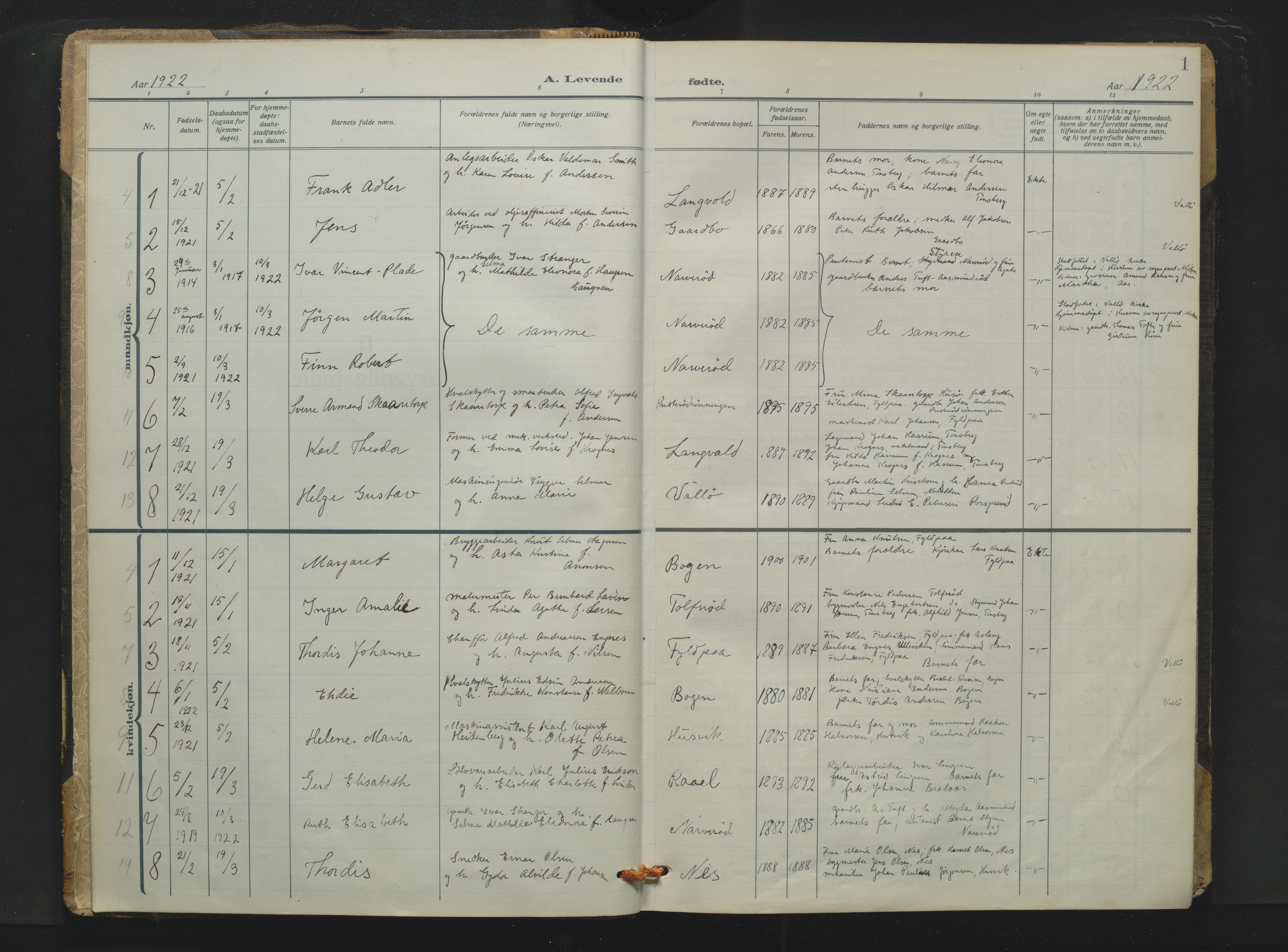 Søndre Slagen kirkebøker, AV/SAKO-A-326/F/Fa/L0001: Ministerialbok nr. 1, 1922-1935, s. 1