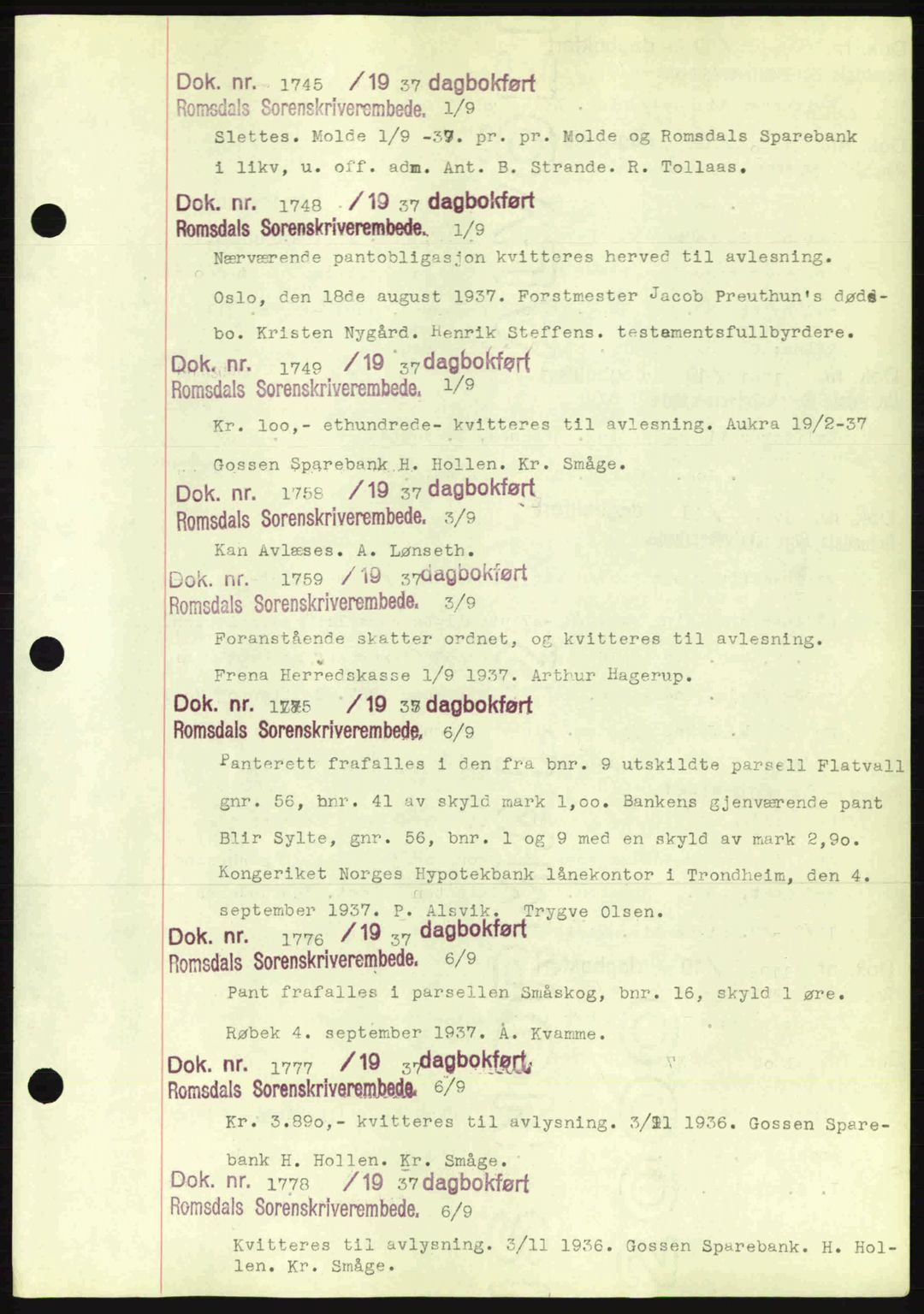 Romsdal sorenskriveri, AV/SAT-A-4149/1/2/2C: Pantebok nr. C1a, 1936-1945, Dagboknr: 1745/1937