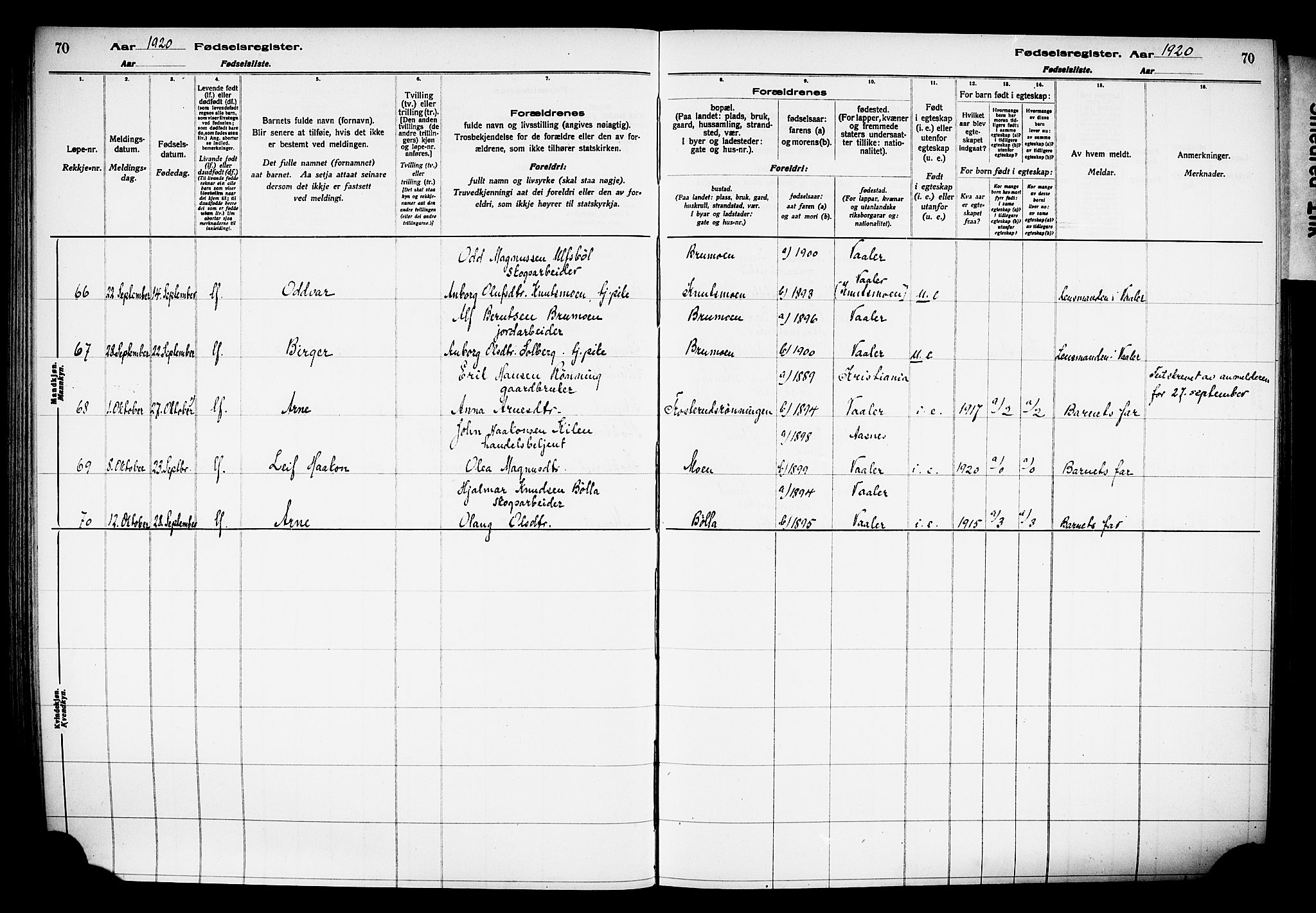 Våler prestekontor, Hedmark, AV/SAH-PREST-040/I/Id/L0001: Fødselsregister nr. 1, 1916-1930, s. 70