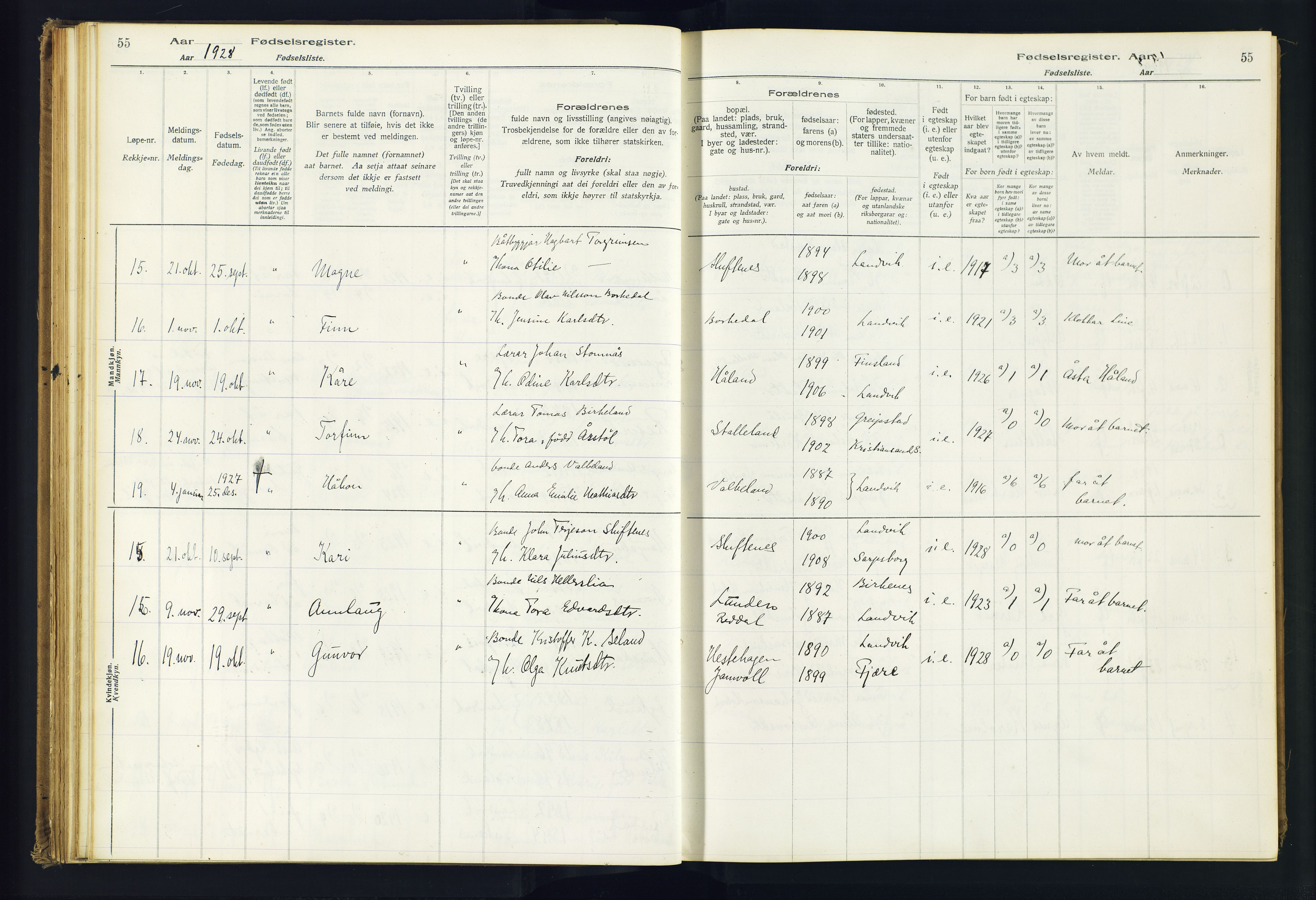 Hommedal sokneprestkontor, AV/SAK-1111-0023/J/Jd/L0001: Fødselsregister nr. 1, 1916-1962, s. 55