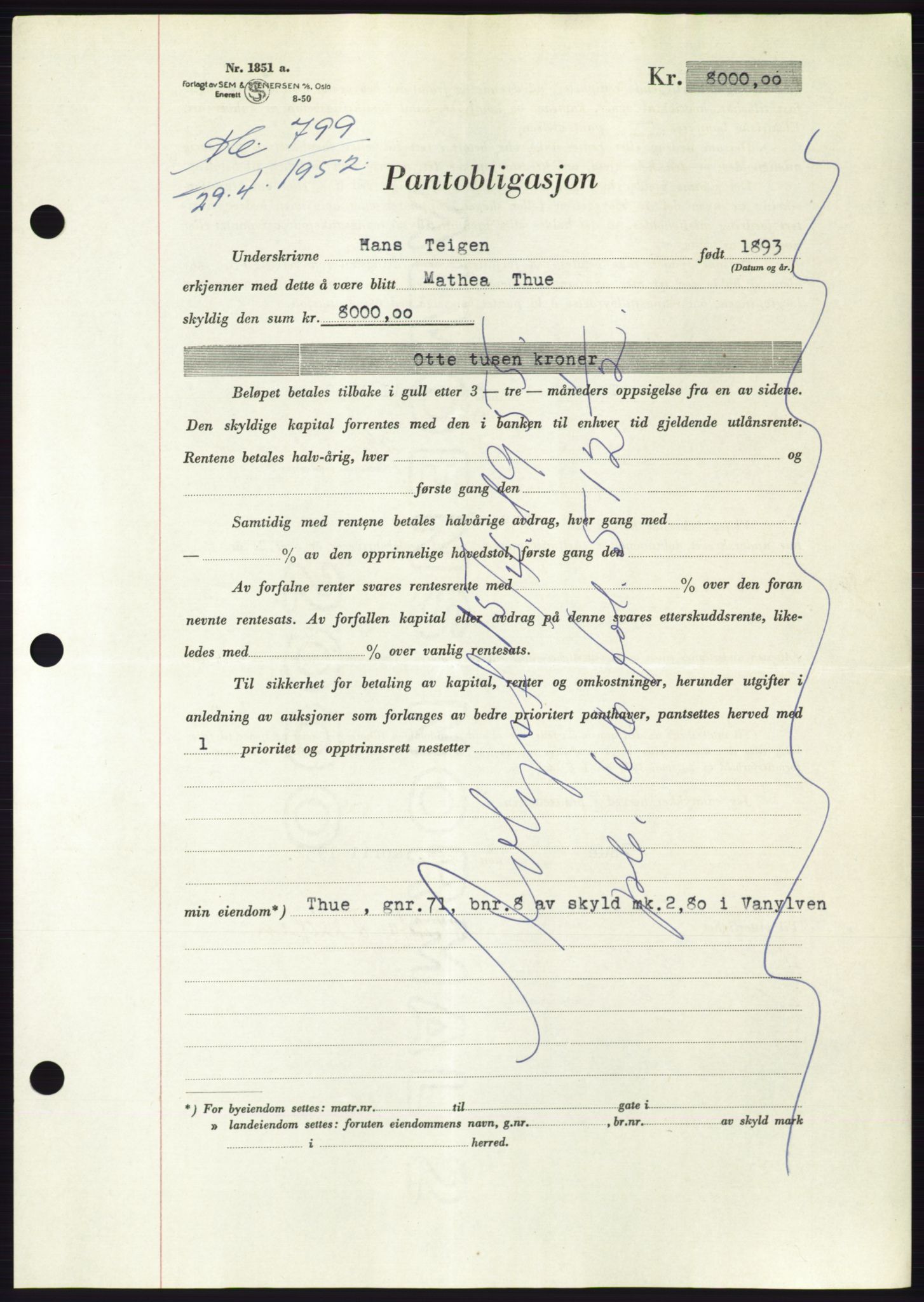 Søre Sunnmøre sorenskriveri, AV/SAT-A-4122/1/2/2C/L0121: Pantebok nr. 9B, 1951-1952, Dagboknr: 799/1952