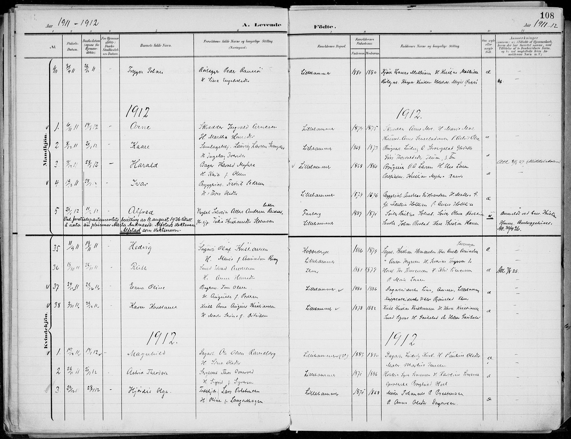 Lillehammer prestekontor, AV/SAH-PREST-088/H/Ha/Haa/L0001: Ministerialbok nr. 1, 1901-1916, s. 108