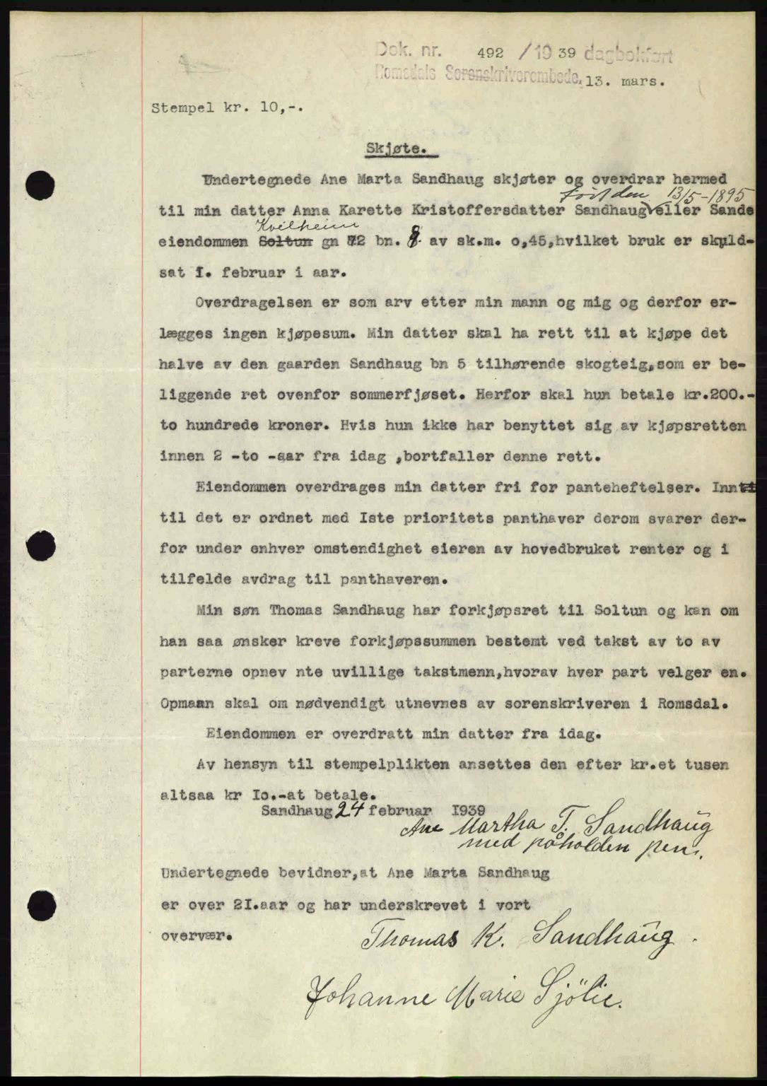 Romsdal sorenskriveri, AV/SAT-A-4149/1/2/2C: Pantebok nr. A6, 1938-1939, Dagboknr: 492/1939