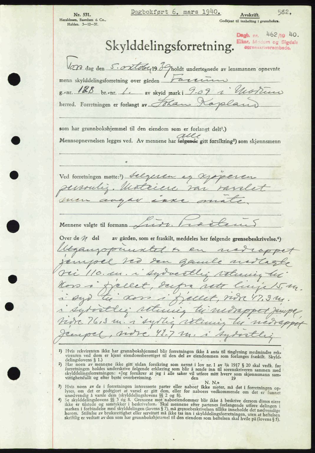 Eiker, Modum og Sigdal sorenskriveri, SAKO/A-123/G/Ga/Gab/L0041: Pantebok nr. A11, 1939-1940, Dagboknr: 462/1940