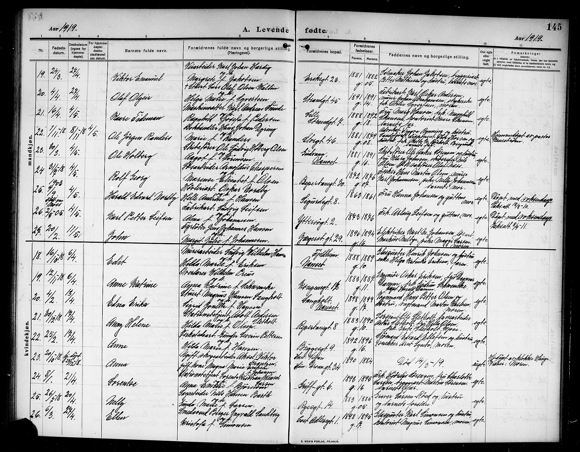 Larvik kirkebøker, AV/SAKO-A-352/G/Ga/L0008: Klokkerbok nr. I 8, 1909-1920, s. 145