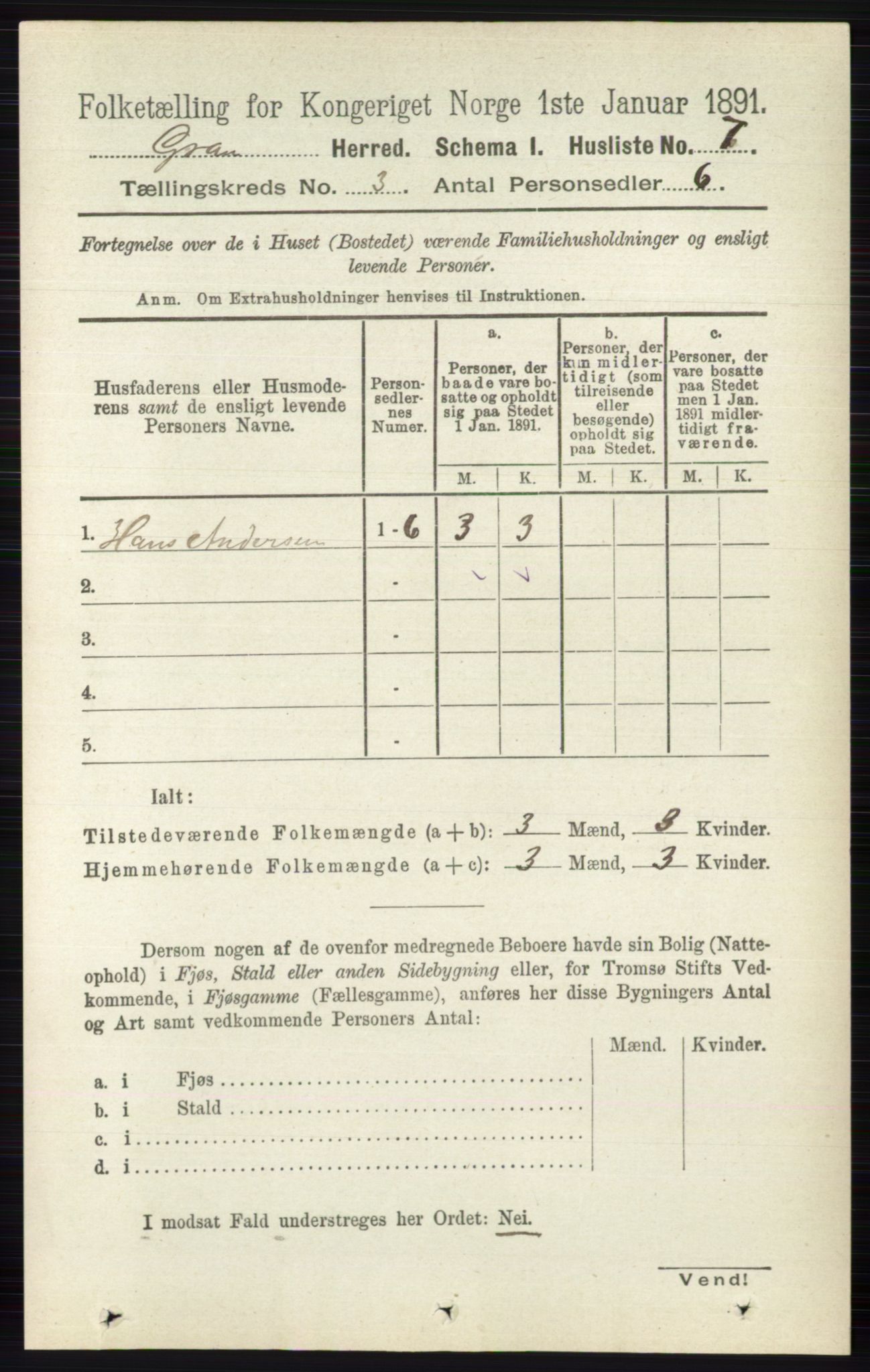 RA, Folketelling 1891 for 0534 Gran herred, 1891, s. 613