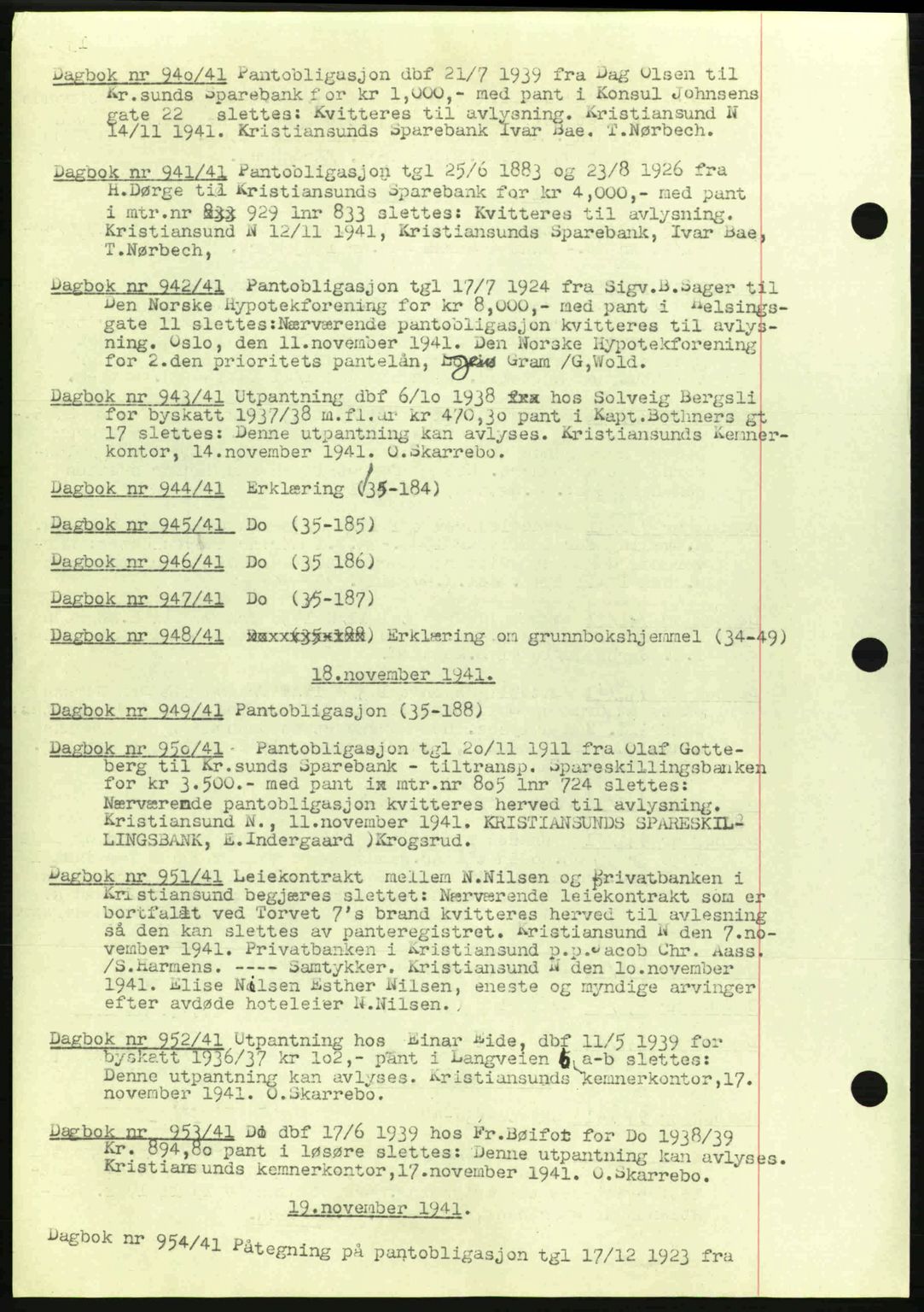 Kristiansund byfogd, AV/SAT-A-4587/A/27: Pantebok nr. 32a, 1938-1946, Dagboknr: 940/1941