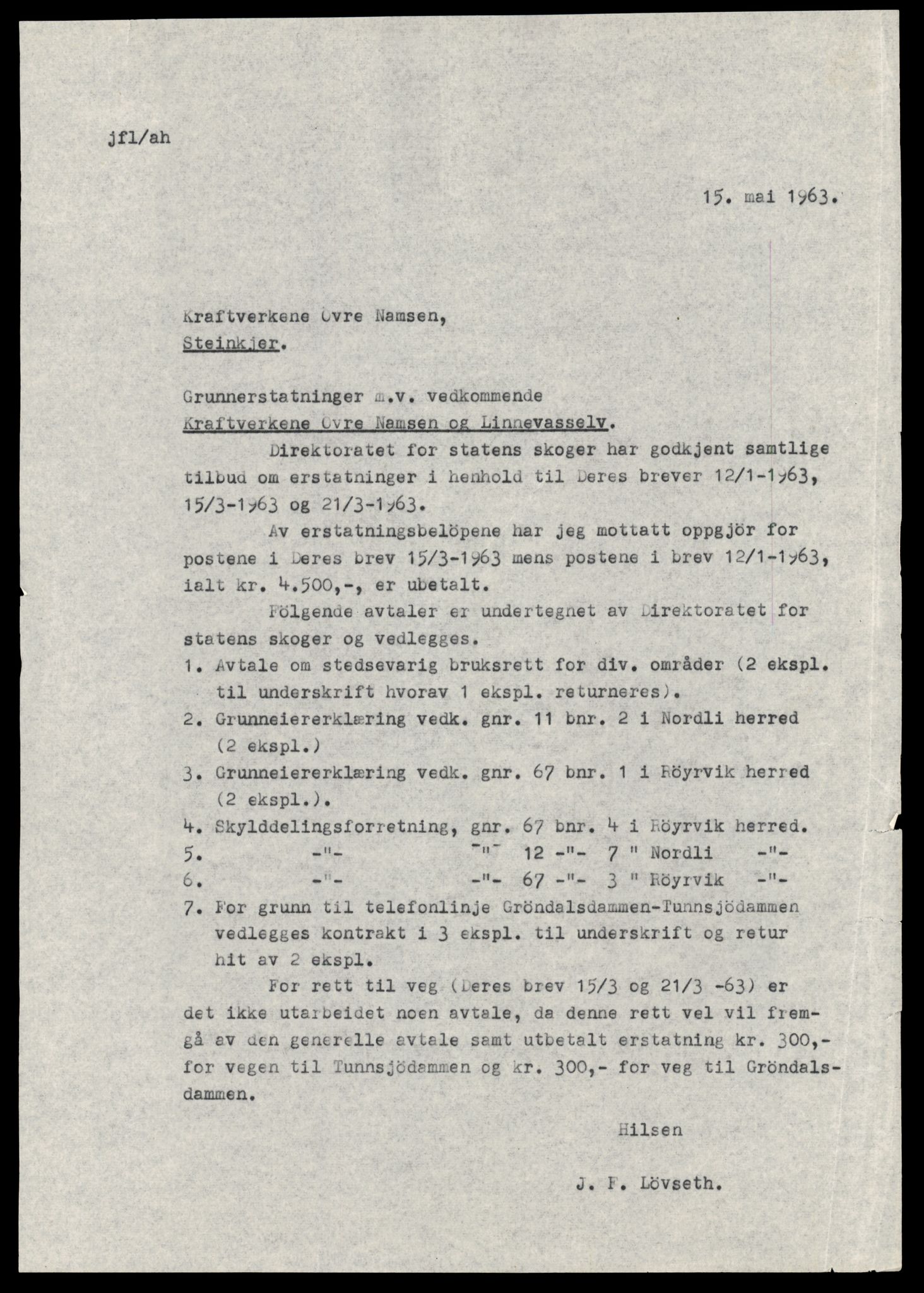 Statskog Trøndelag / Møre, AV/SAT-A-4532/1/D/Da/L0336/0007: Sakarkiv / Vassdragsreguleringer m.m. - Kraftverkene Øvre Namsen, diverse (grunnerstatninger), 1957-1963, s. 9