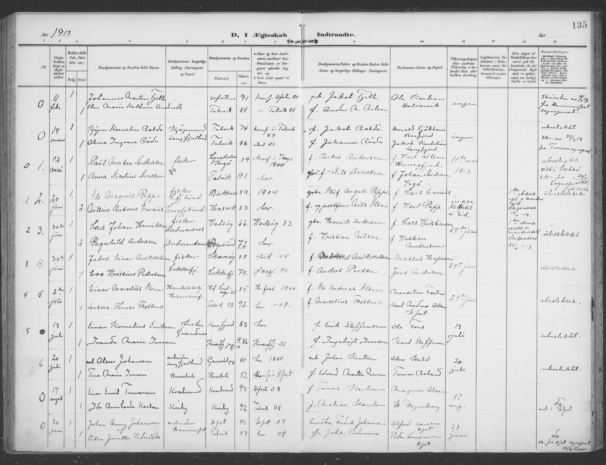 Talvik sokneprestkontor, AV/SATØ-S-1337/H/Ha/L0017kirke: Ministerialbok nr. 17, 1906-1915, s. 135