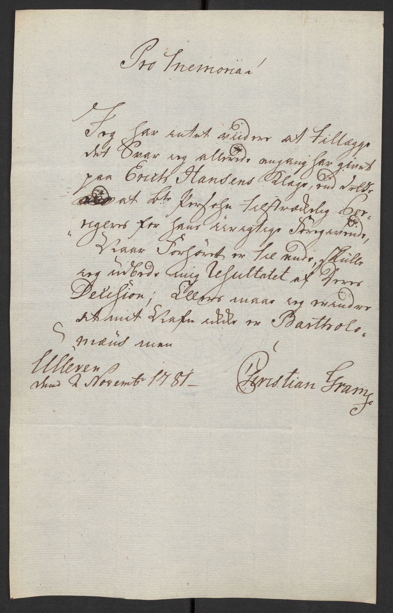 Oslo politidistrikt, AV/SAO-A-10085/D/Da/L0003: Innkomne brev, pro memoria m.v., 1781, s. 152