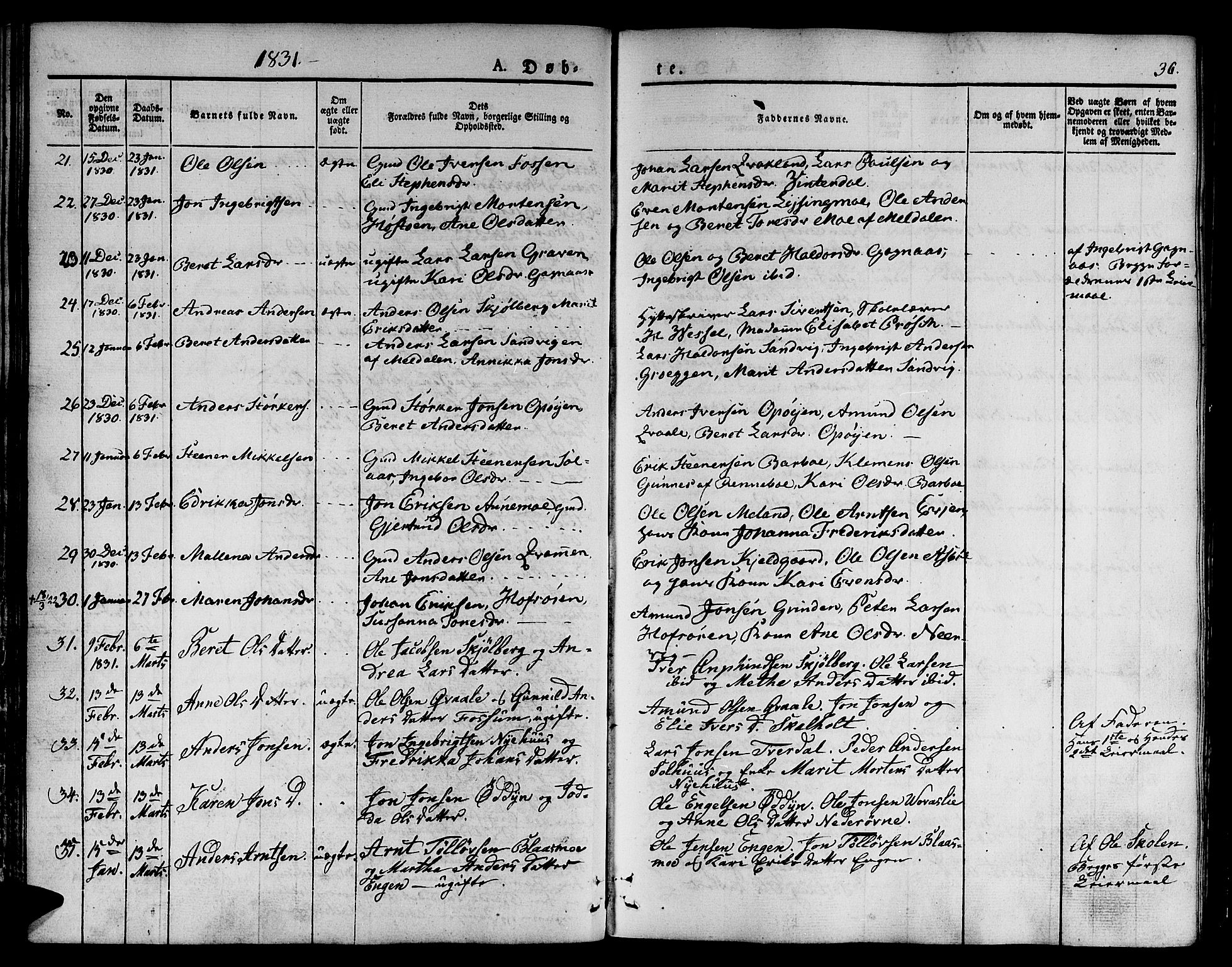 Ministerialprotokoller, klokkerbøker og fødselsregistre - Sør-Trøndelag, AV/SAT-A-1456/668/L0804: Ministerialbok nr. 668A04, 1826-1839, s. 36