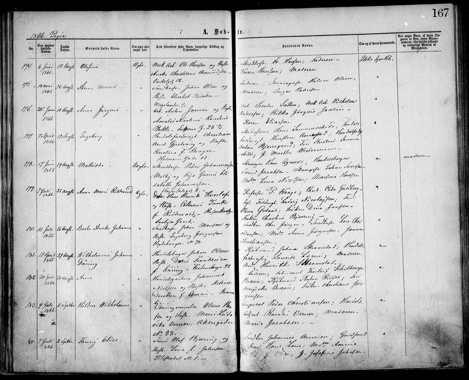 Trefoldighet prestekontor Kirkebøker, AV/SAO-A-10882/F/Fa/L0002: Ministerialbok nr. I 2, 1863-1870, s. 167