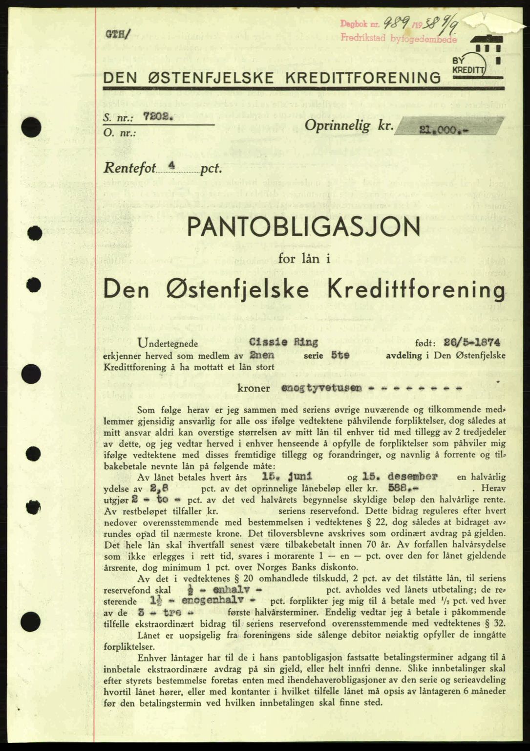 Fredrikstad byfogd, SAO/A-10473a/G/Ga/Gad/L0002: Pantebok nr. B2, 1938-1939, Dagboknr: 989/1938