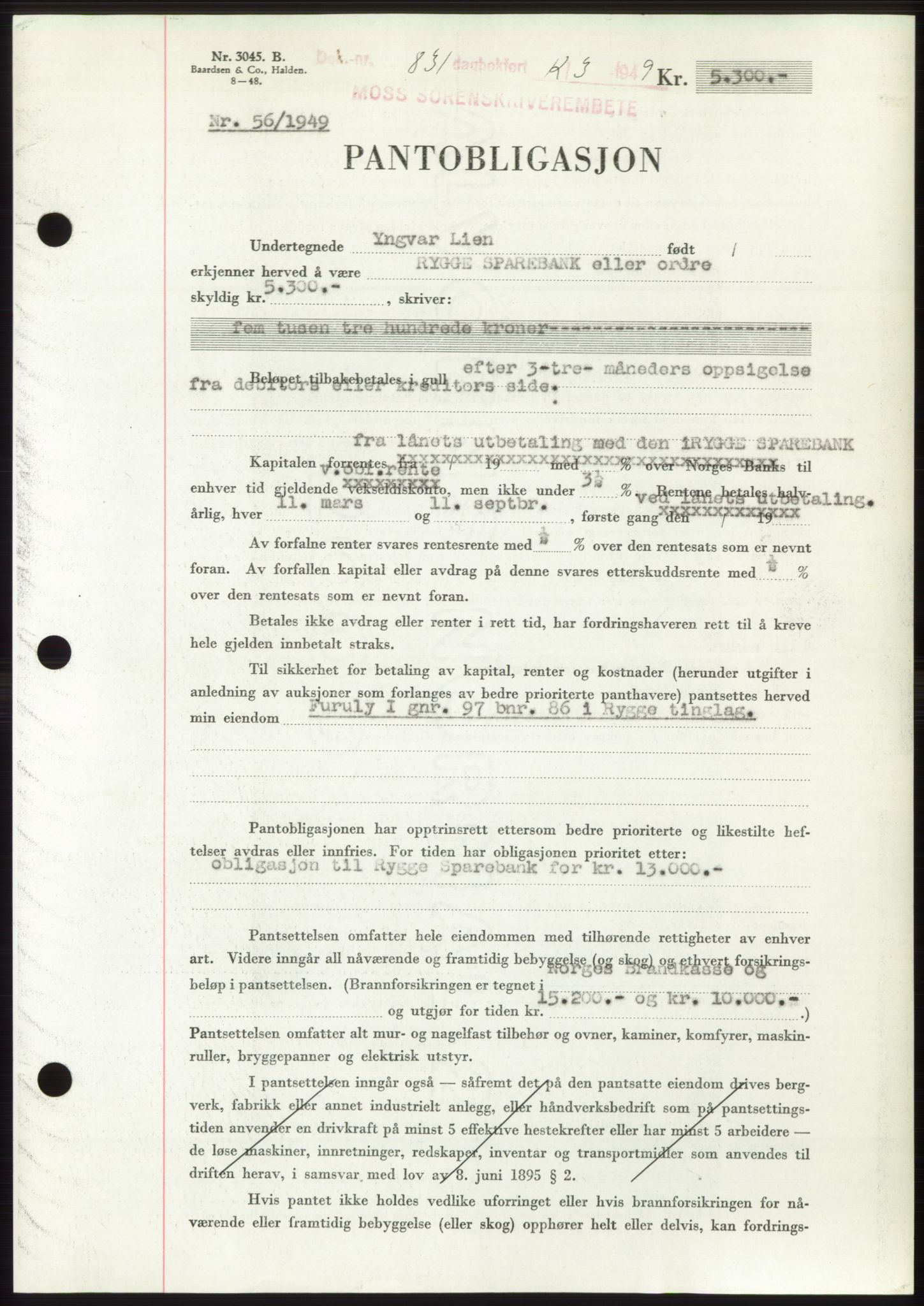 Moss sorenskriveri, SAO/A-10168: Pantebok nr. B21, 1949-1949, Dagboknr: 831/1949