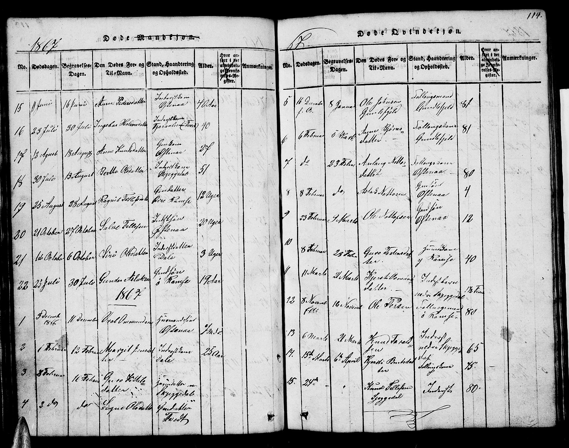 Åmli sokneprestkontor, SAK/1111-0050/F/Fb/Fbb/L0001: Klokkerbok nr. B 1, 1816-1889, s. 114