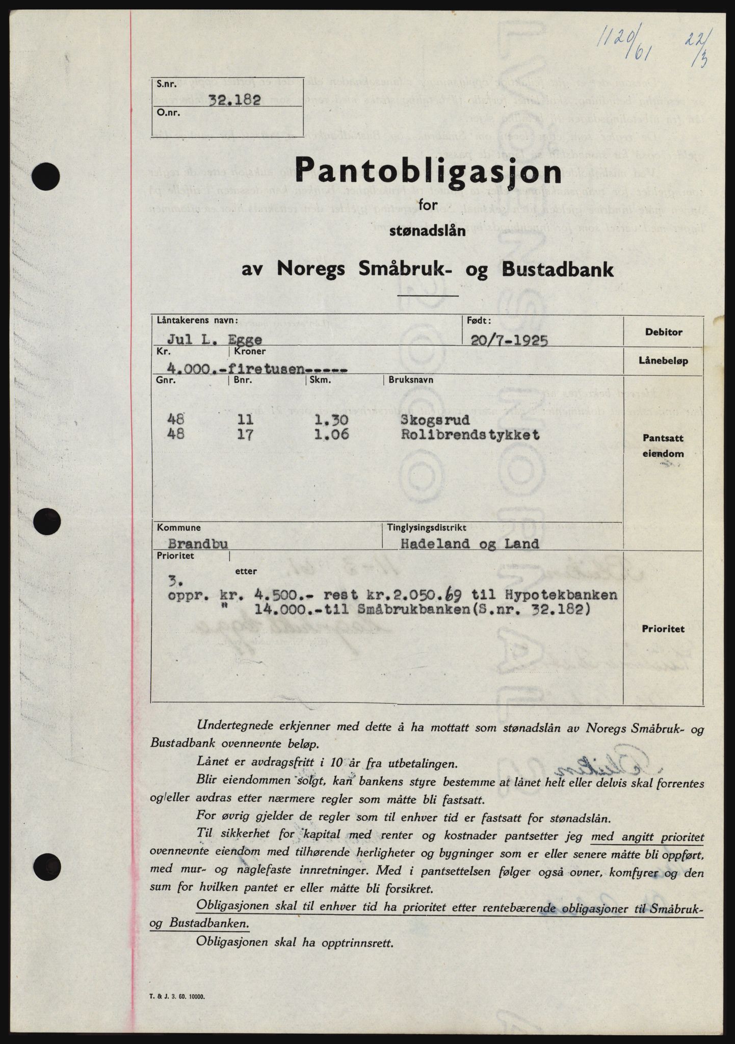 Hadeland og Land tingrett, SAH/TING-010/H/Hb/Hbc/L0045: Pantebok nr. B45, 1961-1961, Dagboknr: 1120/1961