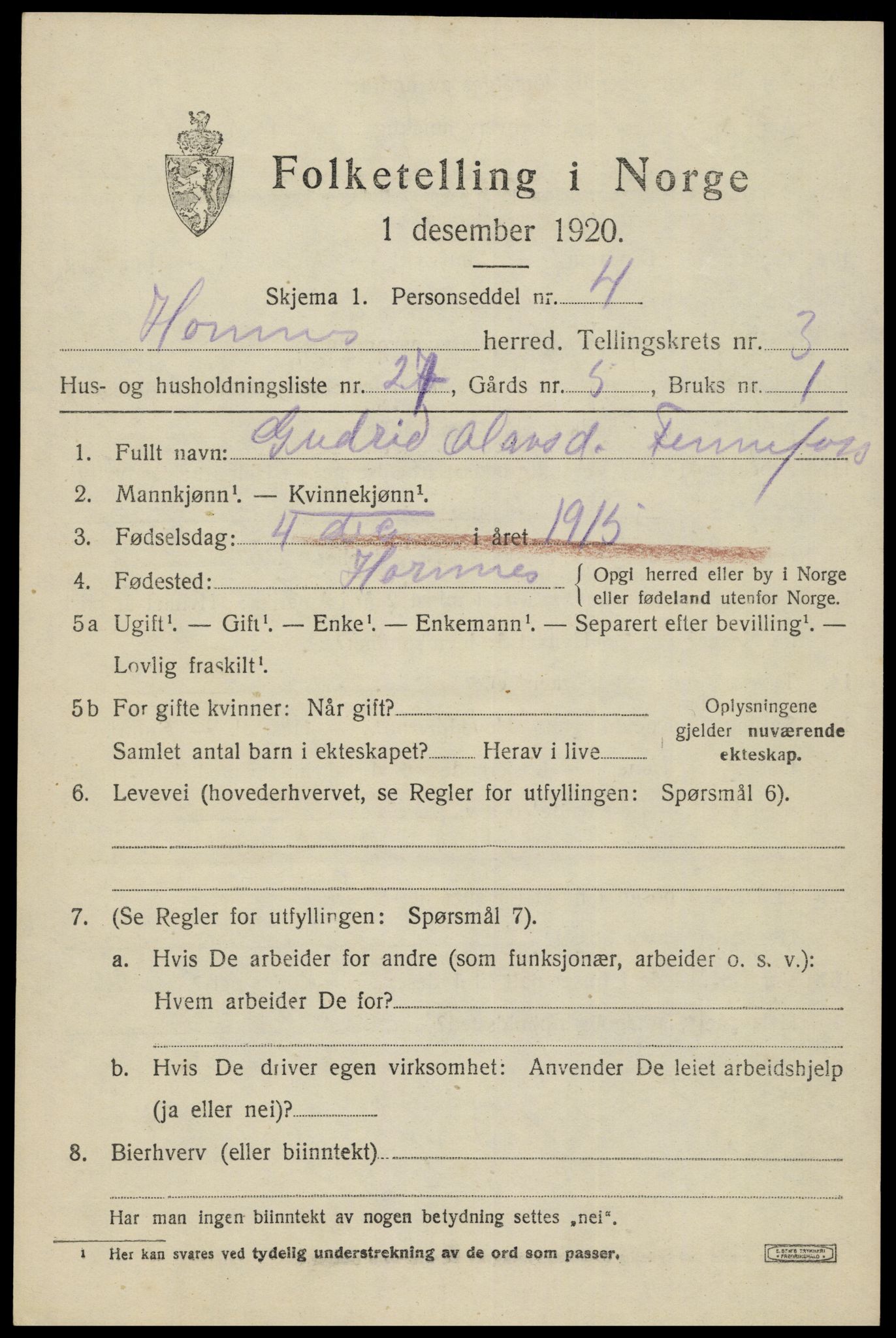 SAK, Folketelling 1920 for 0936 Hornnes herred, 1920, s. 1127