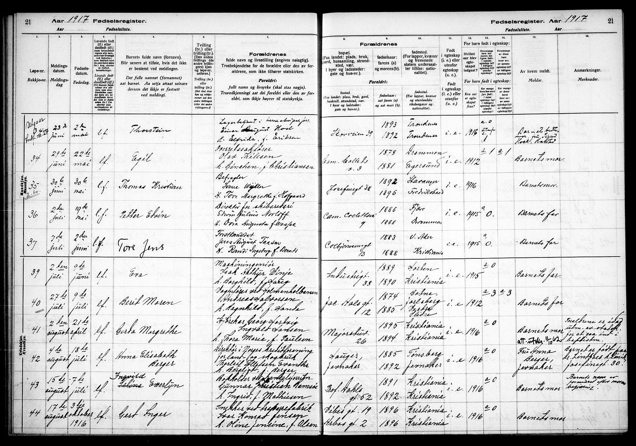 Uranienborg prestekontor Kirkebøker, AV/SAO-A-10877/J/Ja/L0001: Fødselsregister nr. 1, 1916-1930, s. 21