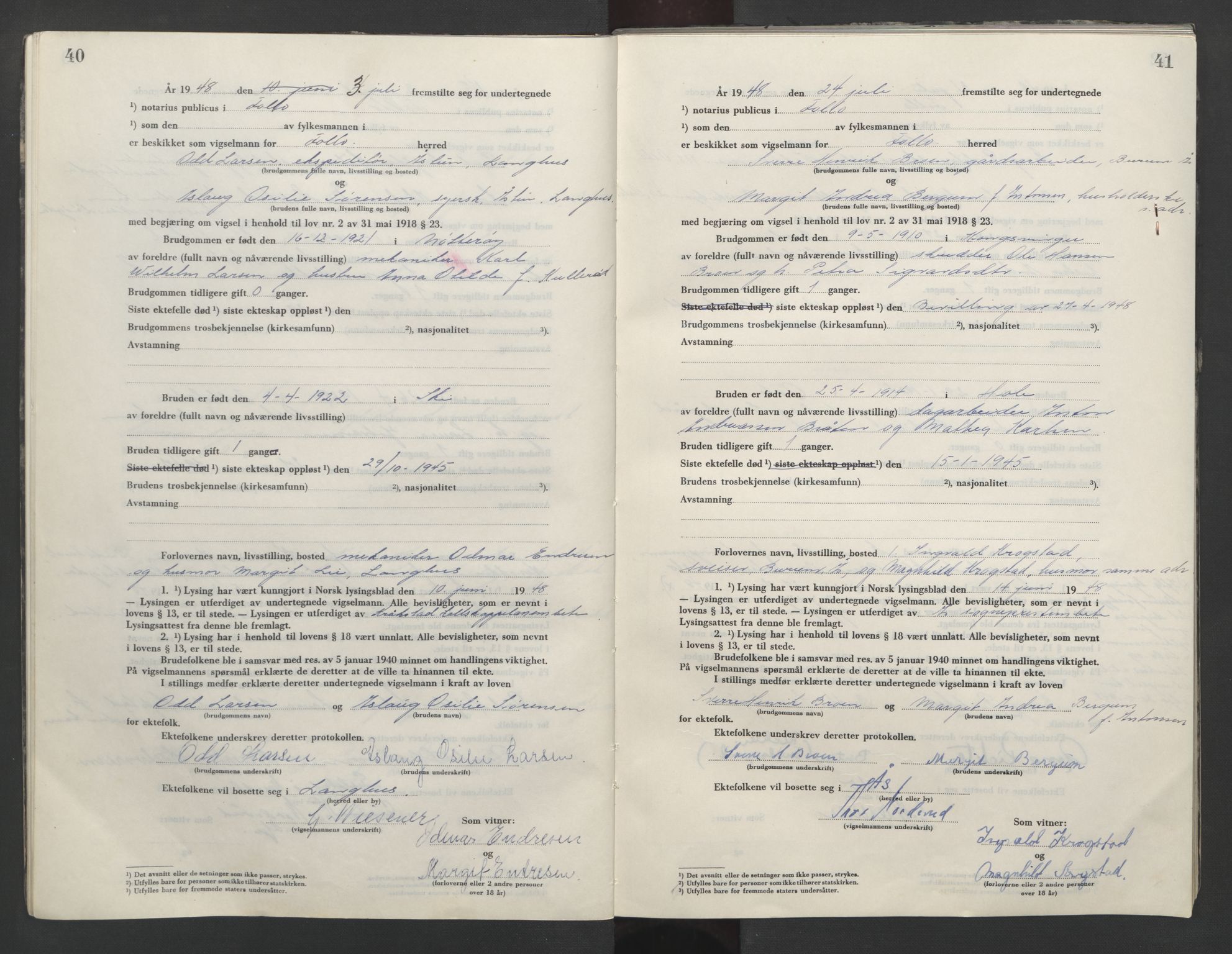Follo sorenskriveri, AV/SAO-A-10274/L/La/Lab/L0003: Vigselsbok, 1946-1955, s. 40-41