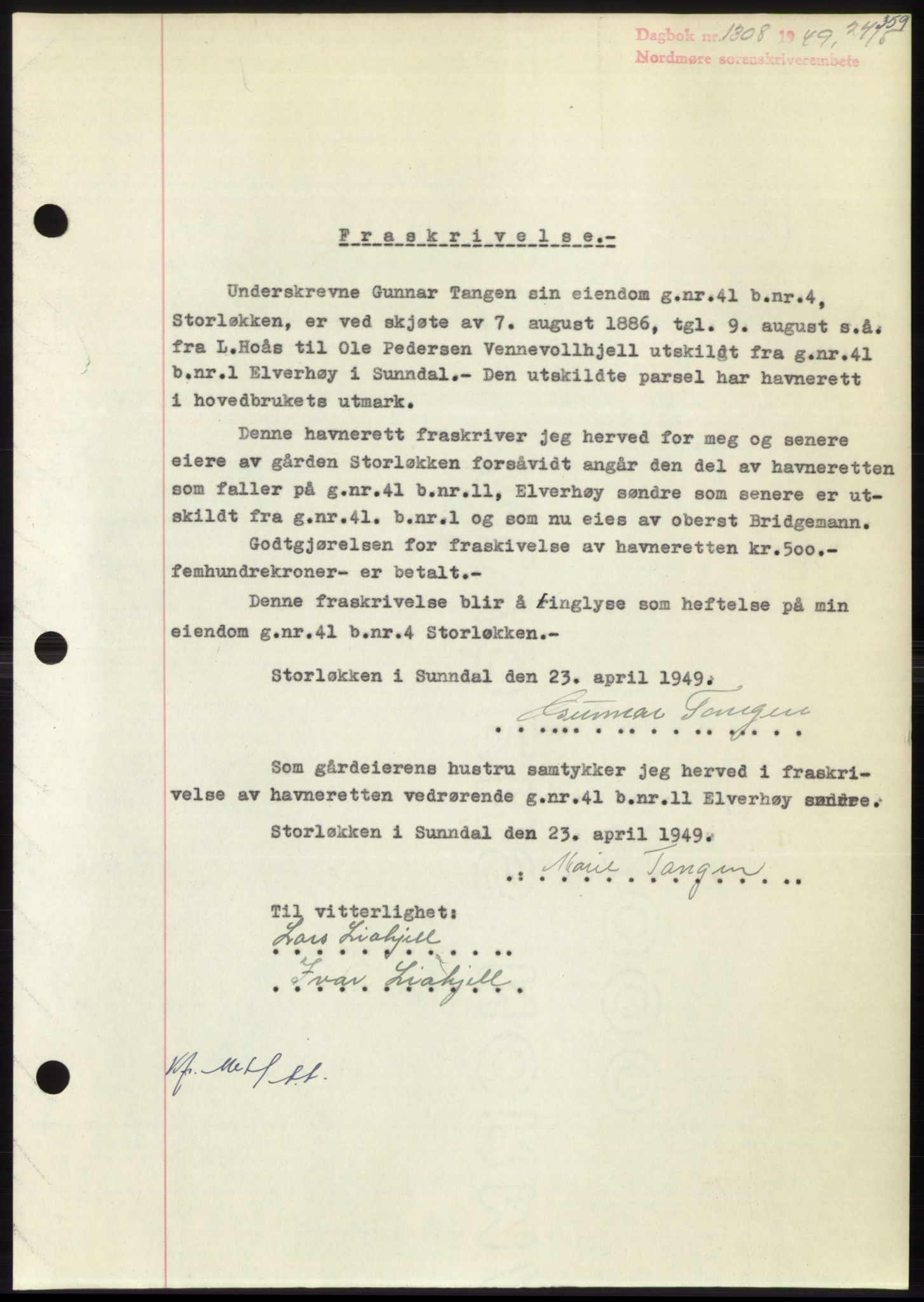Nordmøre sorenskriveri, SAT/A-4132/1/2/2Ca: Pantebok nr. B101, 1949-1949, Dagboknr: 1308/1949