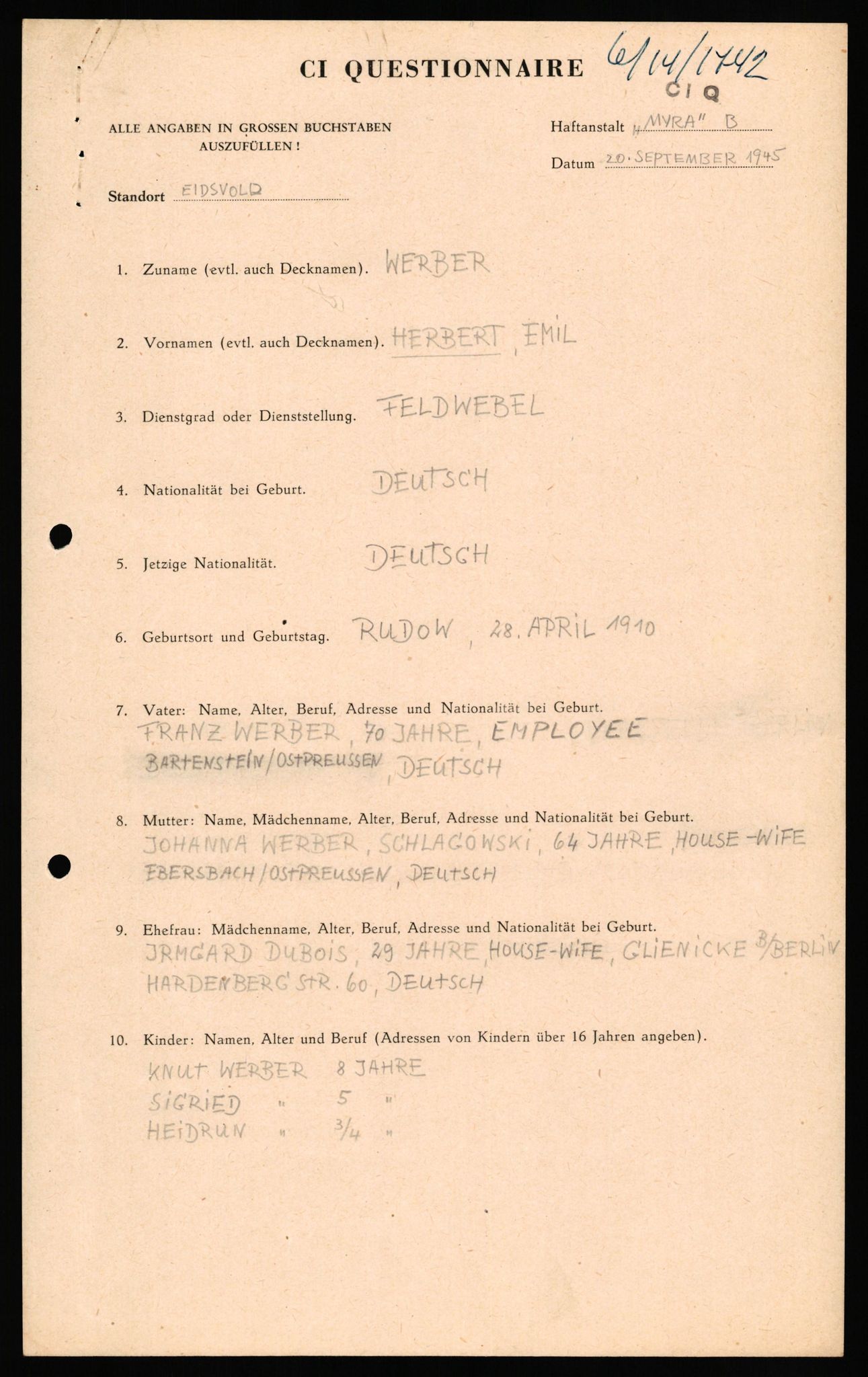 Forsvaret, Forsvarets overkommando II, RA/RAFA-3915/D/Db/L0035: CI Questionaires. Tyske okkupasjonsstyrker i Norge. Tyskere., 1945-1946, s. 375