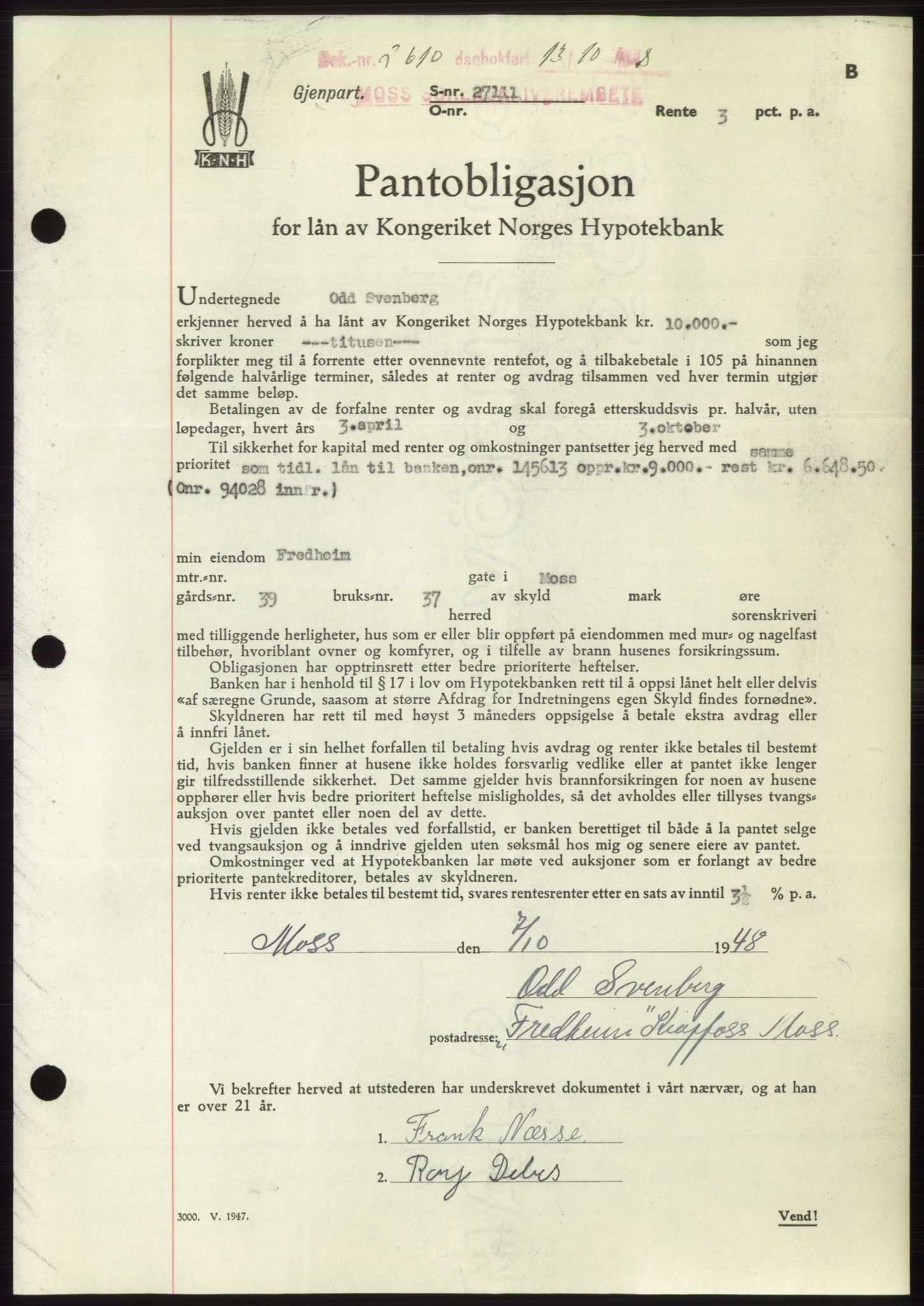 Moss sorenskriveri, AV/SAO-A-10168: Pantebok nr. B20, 1948-1948, Dagboknr: 2610/1948