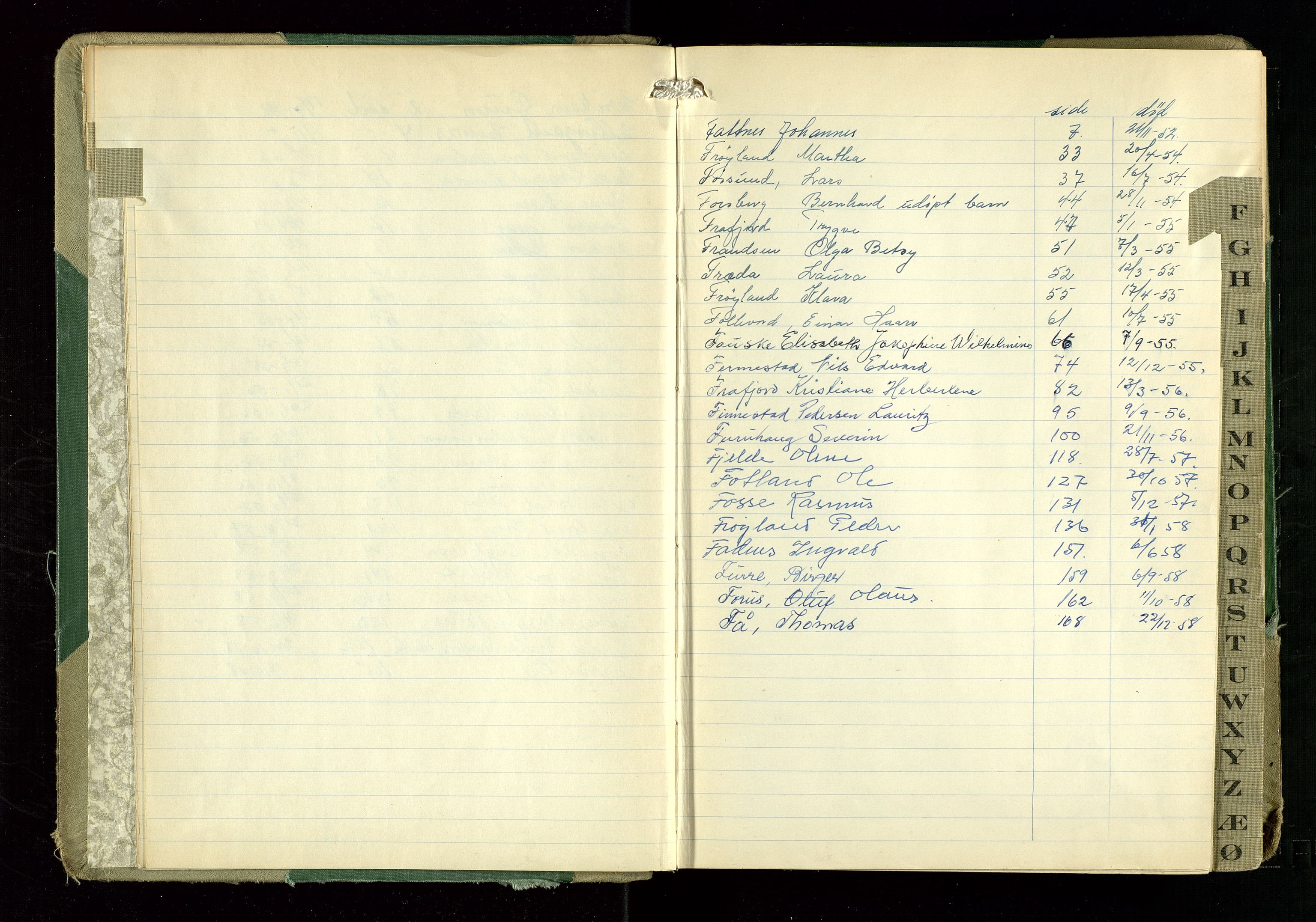 Hetland lensmannskontor, AV/SAST-A-100101/Gga/L0006: "Protokoll over anmeldte dødsfall" (med alfabetisk navneregister), 1952-1959