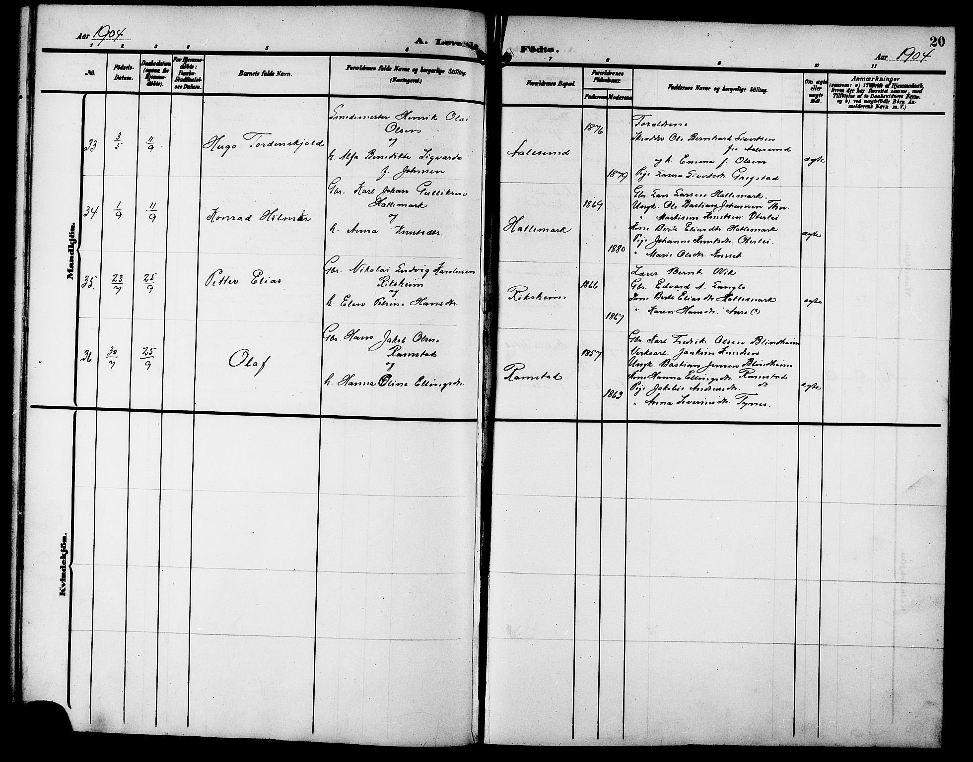 Ministerialprotokoller, klokkerbøker og fødselsregistre - Møre og Romsdal, AV/SAT-A-1454/523/L0341: Klokkerbok nr. 523C04, 1903-1916, s. 20