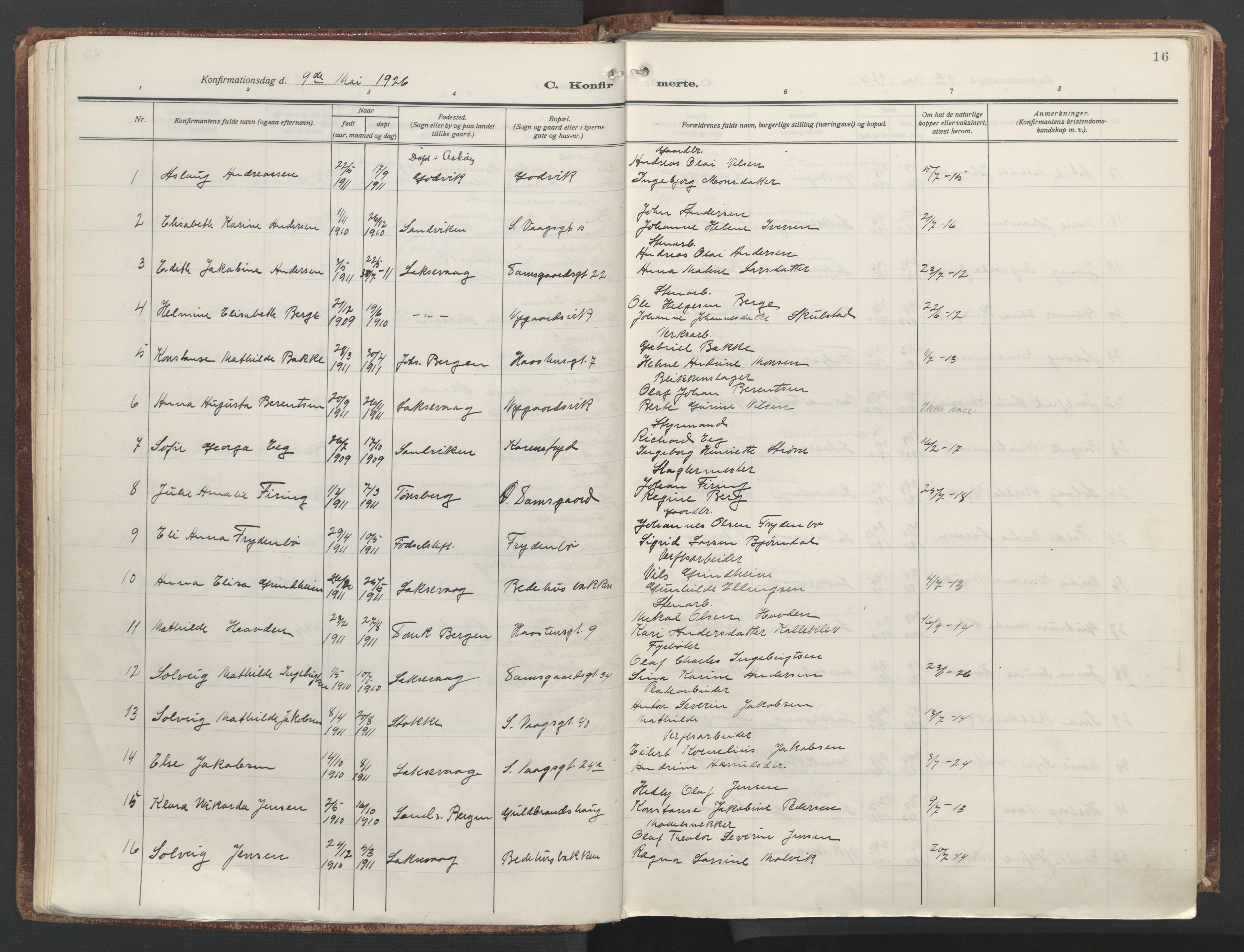 Laksevåg Sokneprestembete, AV/SAB-A-76501/H/Ha/Haa/Haac/L0001: Ministerialbok nr. C 1, 1925-1944, s. 16