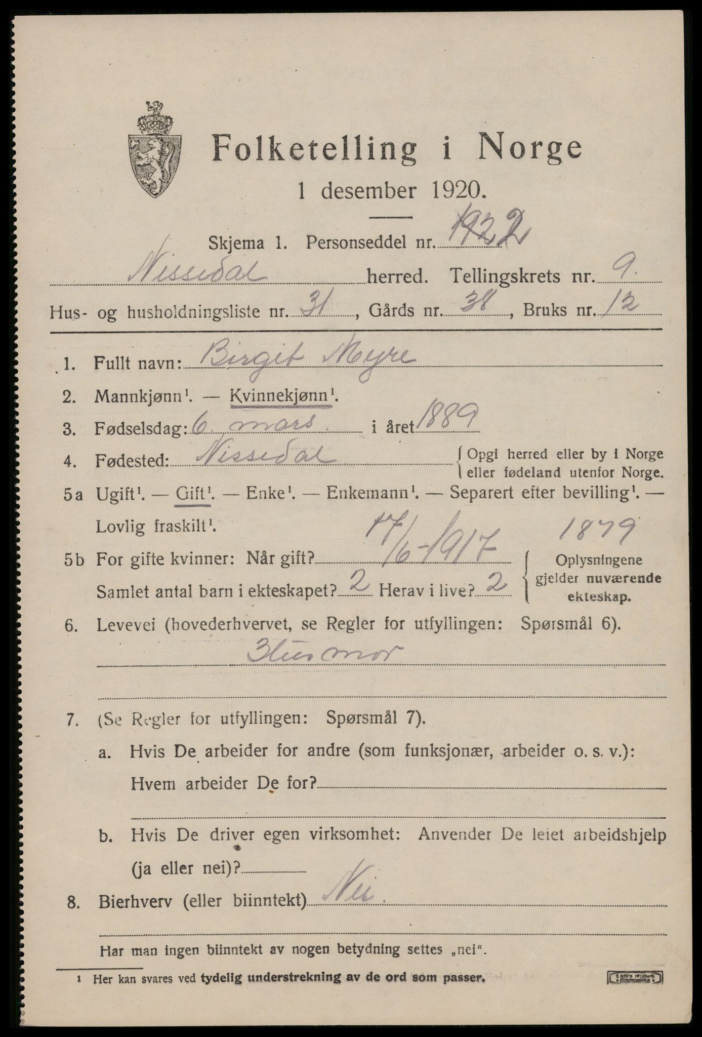 SAKO, Folketelling 1920 for 0830 Nissedal herred, 1920, s. 3879