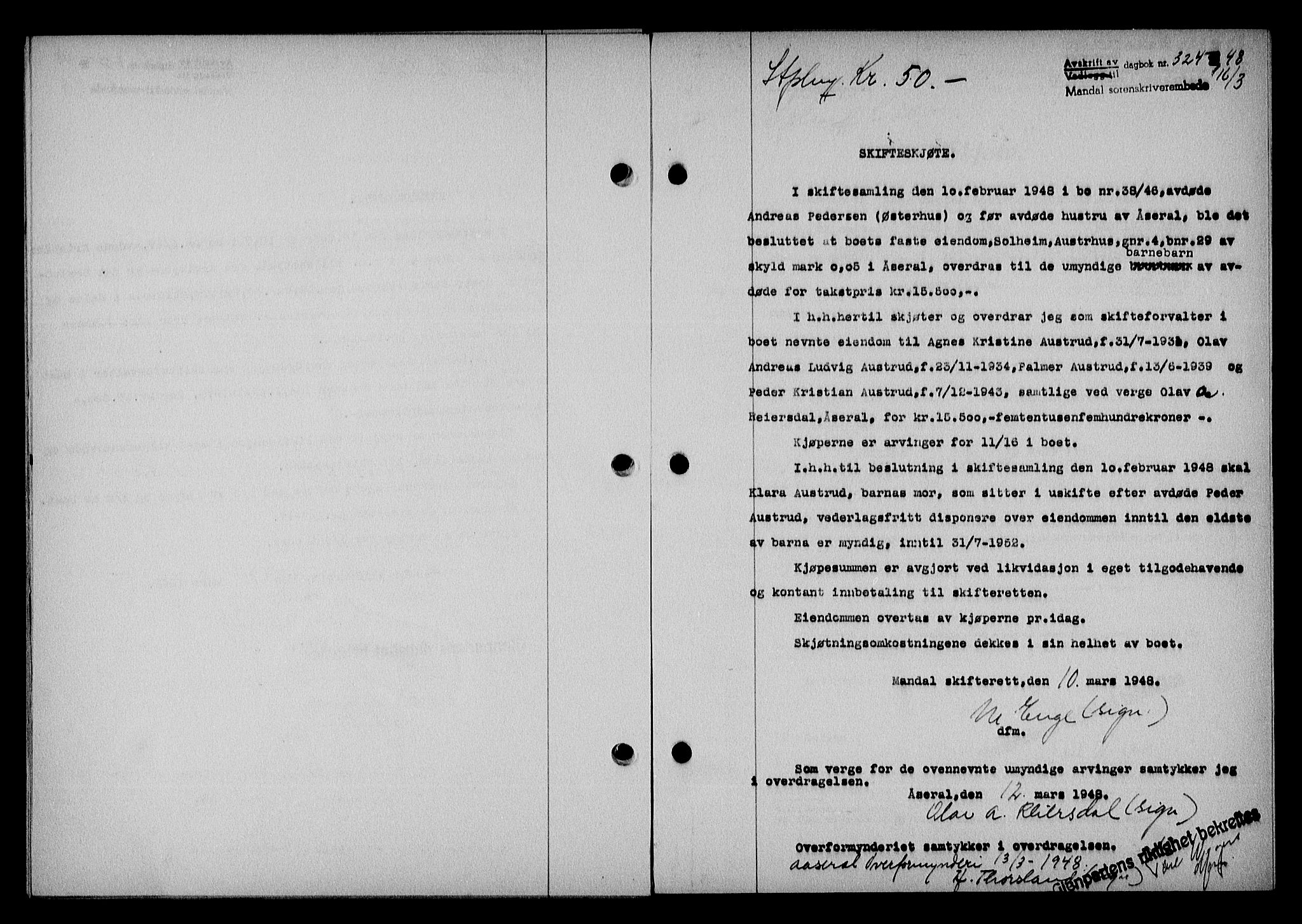 Mandal sorenskriveri, SAK/1221-0005/001/G/Gb/Gba/L0079: Pantebok nr. A-16, 1947-1948, Dagboknr: 324/1948