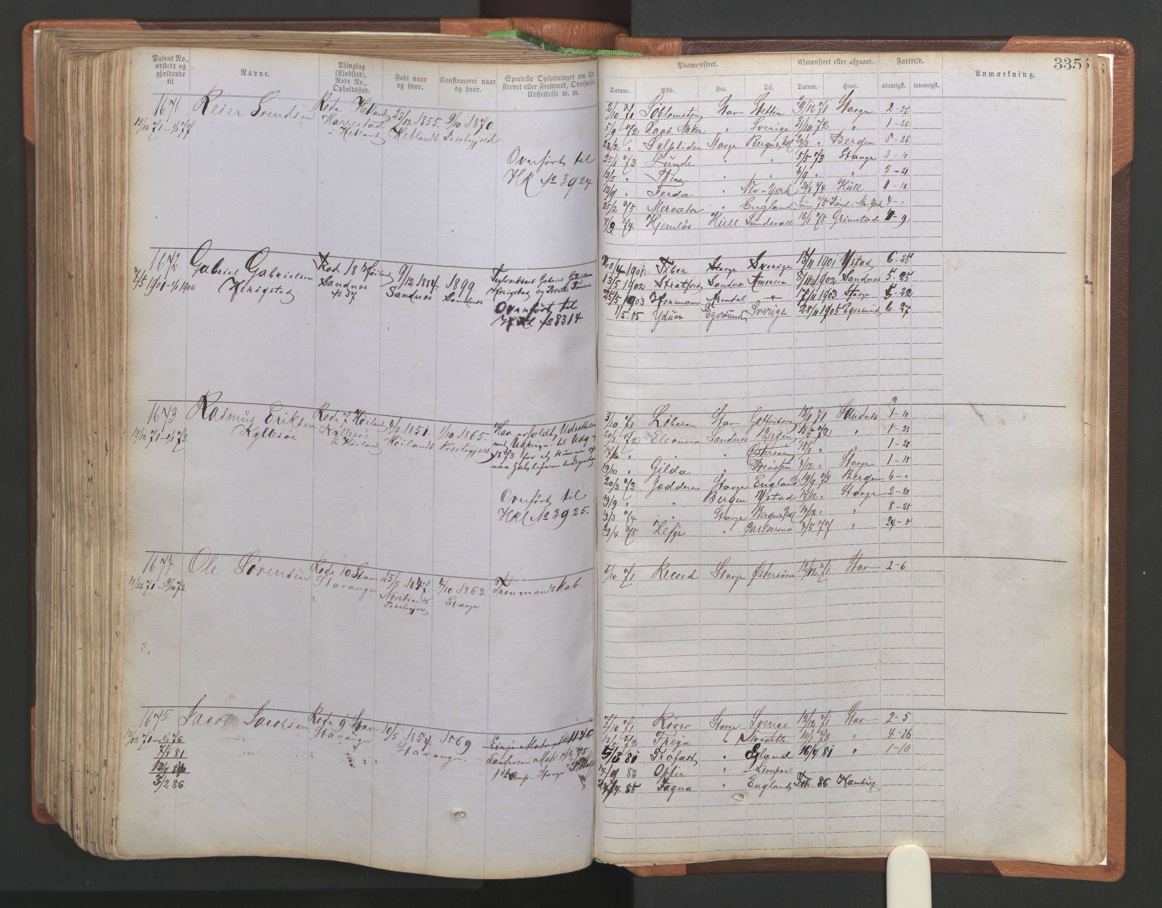 Stavanger sjømannskontor, AV/SAST-A-102006/F/Ff/L0004: Annotasjonsrulle No. 1, patentnr. 1-1785 (del 1), 1869-1900, s. 339