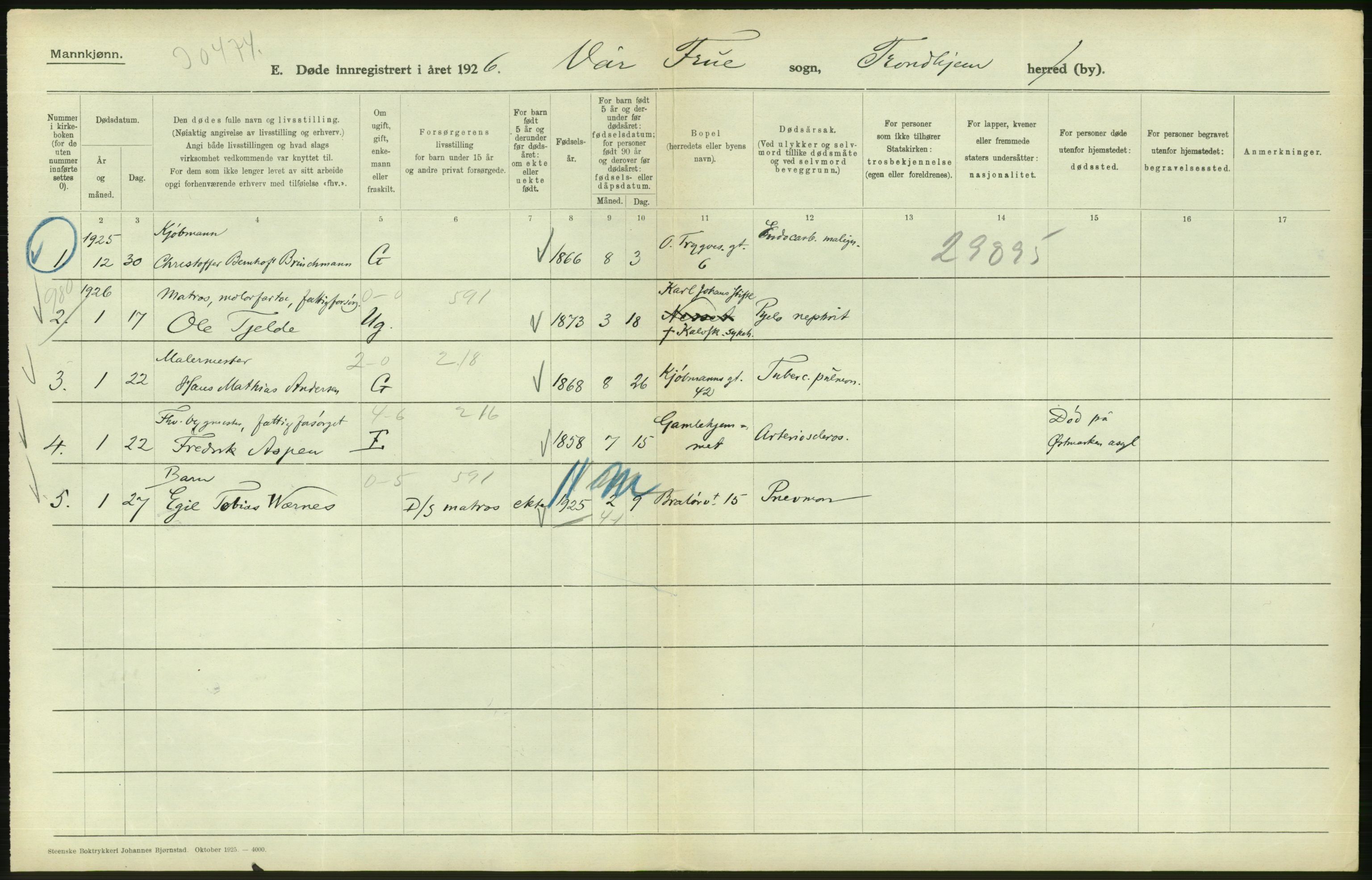 Statistisk sentralbyrå, Sosiodemografiske emner, Befolkning, AV/RA-S-2228/D/Df/Dfc/Dfcf/L0036: Trondheim: Levendefødte menn og kvinner, gifte, døde, dødfødte., 1926, s. 684