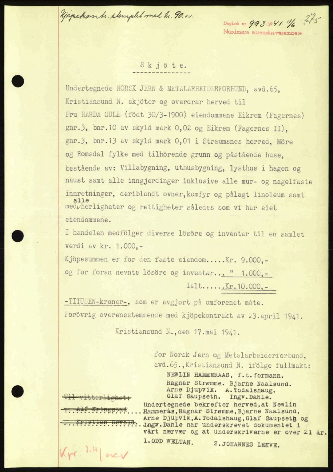Nordmøre sorenskriveri, SAT/A-4132/1/2/2Ca: Pantebok nr. A90, 1941-1941, Dagboknr: 993/1941