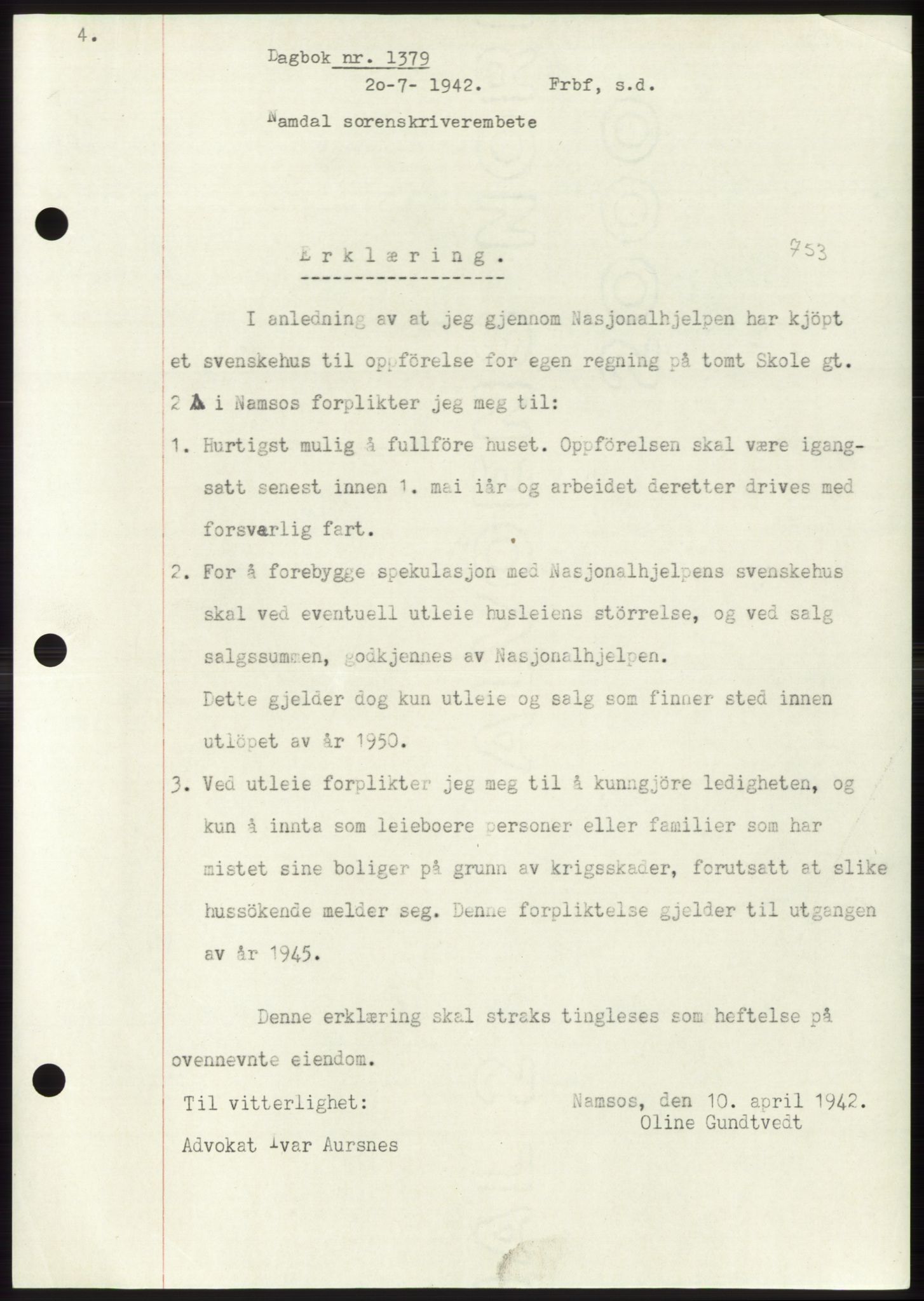 Namdal sorenskriveri, SAT/A-4133/1/2/2C: Pantebok nr. -, 1942-1943, Dagboknr: 1379/1942