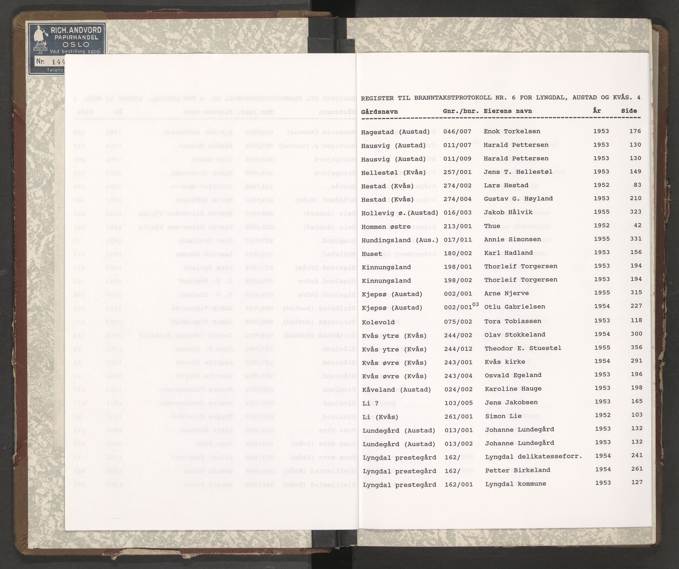 Norges Brannkasse Lyngdal, AV/SAK-2241-0036/F/Fa/L0006: Branntakstprotokoll nr. 6, 1951-1955