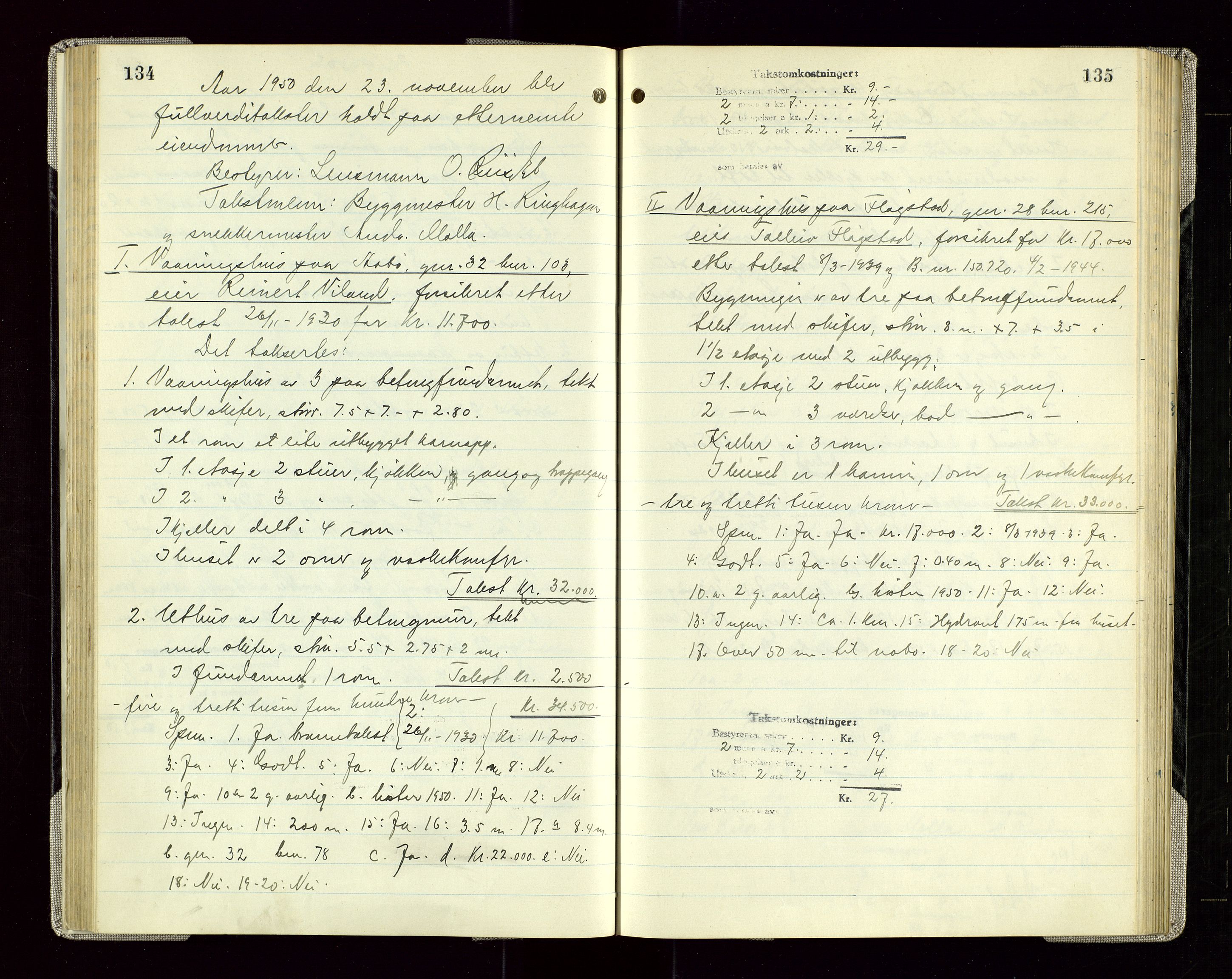 Sauda lensmannskontor, SAST/A-100177/Goa/L0005: "Branntakstprotokoll for Sauda lensmannsdistrikt", 1946-1955, s. 134-135